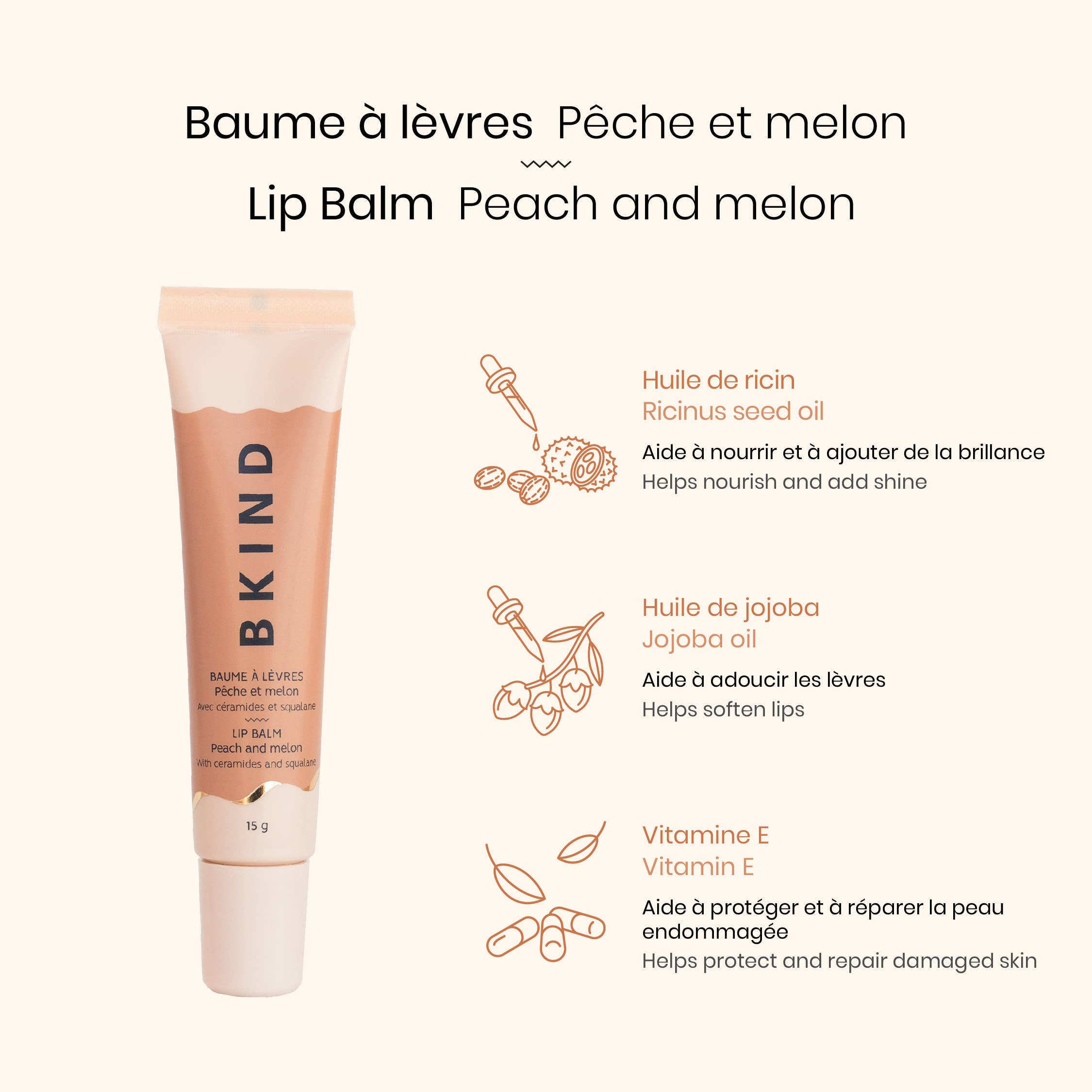 BKIND Nourishing Ceramide Lip Balm tube in Peach and Melon scent