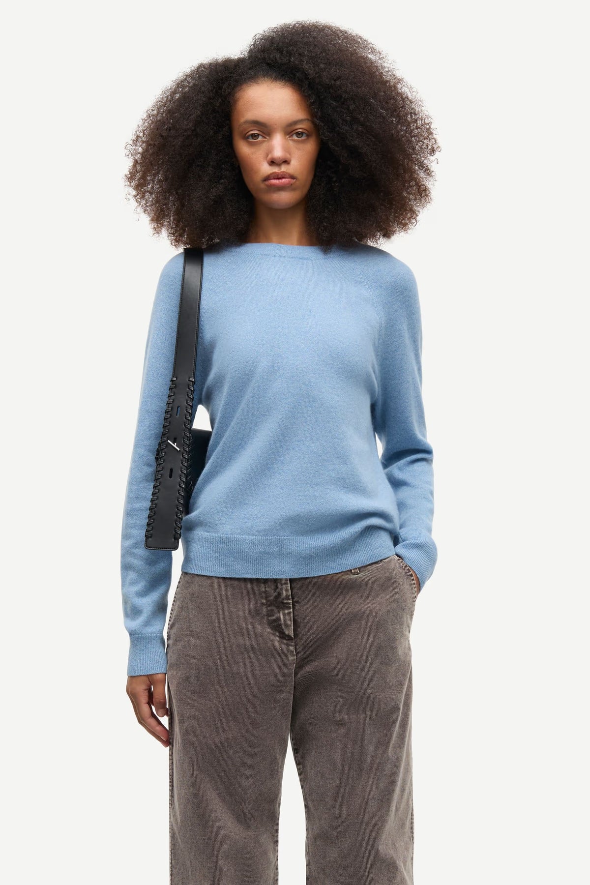Samsøe Samsøe Boston O-Neck knit mohair-wool blend crewneck sweater in frozen fjord light blue.