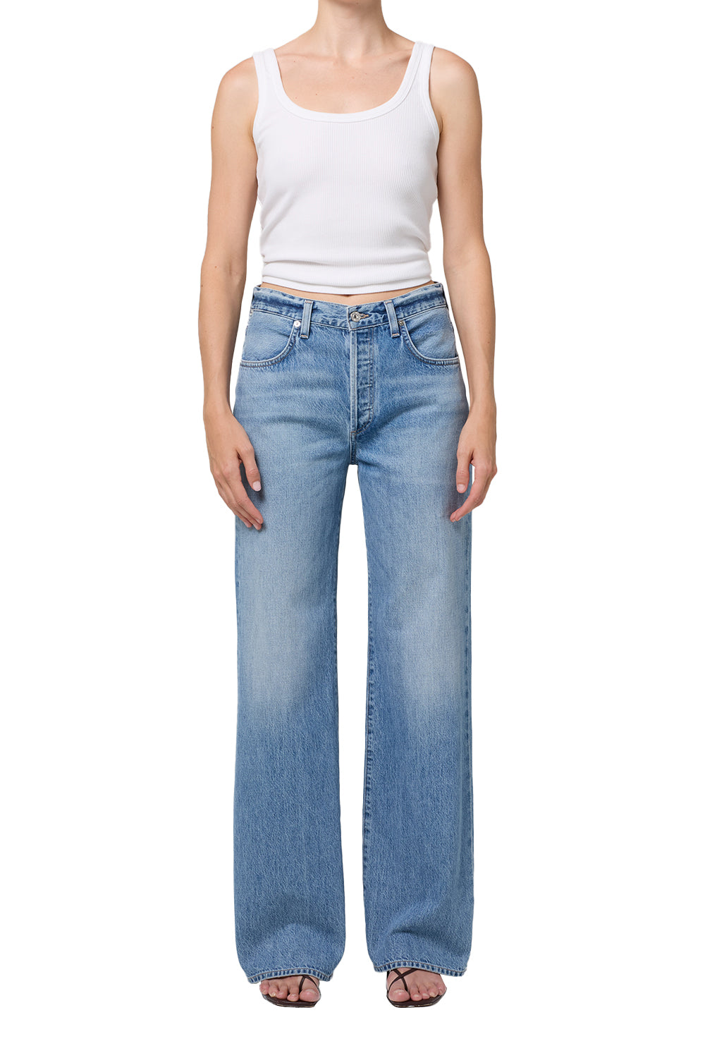 Medium indigo with fading and whiskering Denim