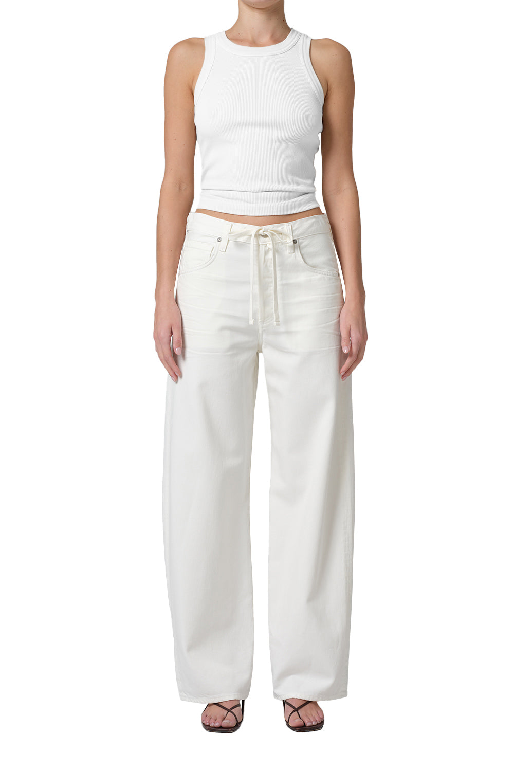Off white cream denim trouser with drawstring detail