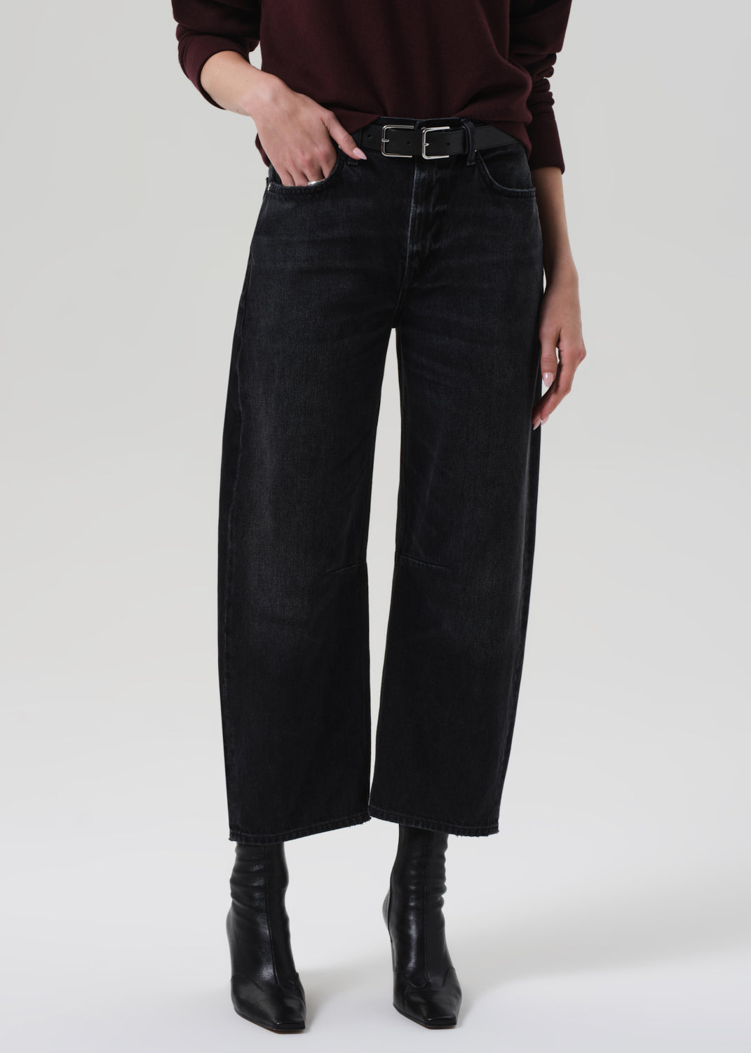 washed black denim barrel pant 100% cotton