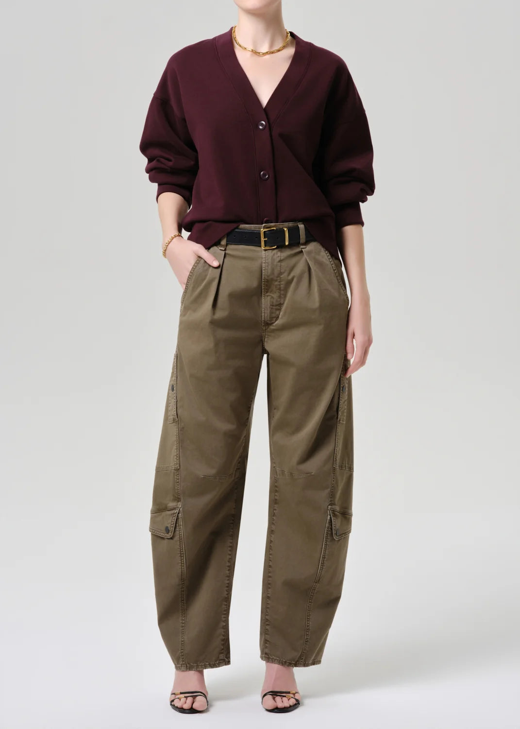 Citizens of Humanity Flight Pant in Tea Leaf green stretch twill featuring a high rise, pleated front, and softly curved barrel leg.