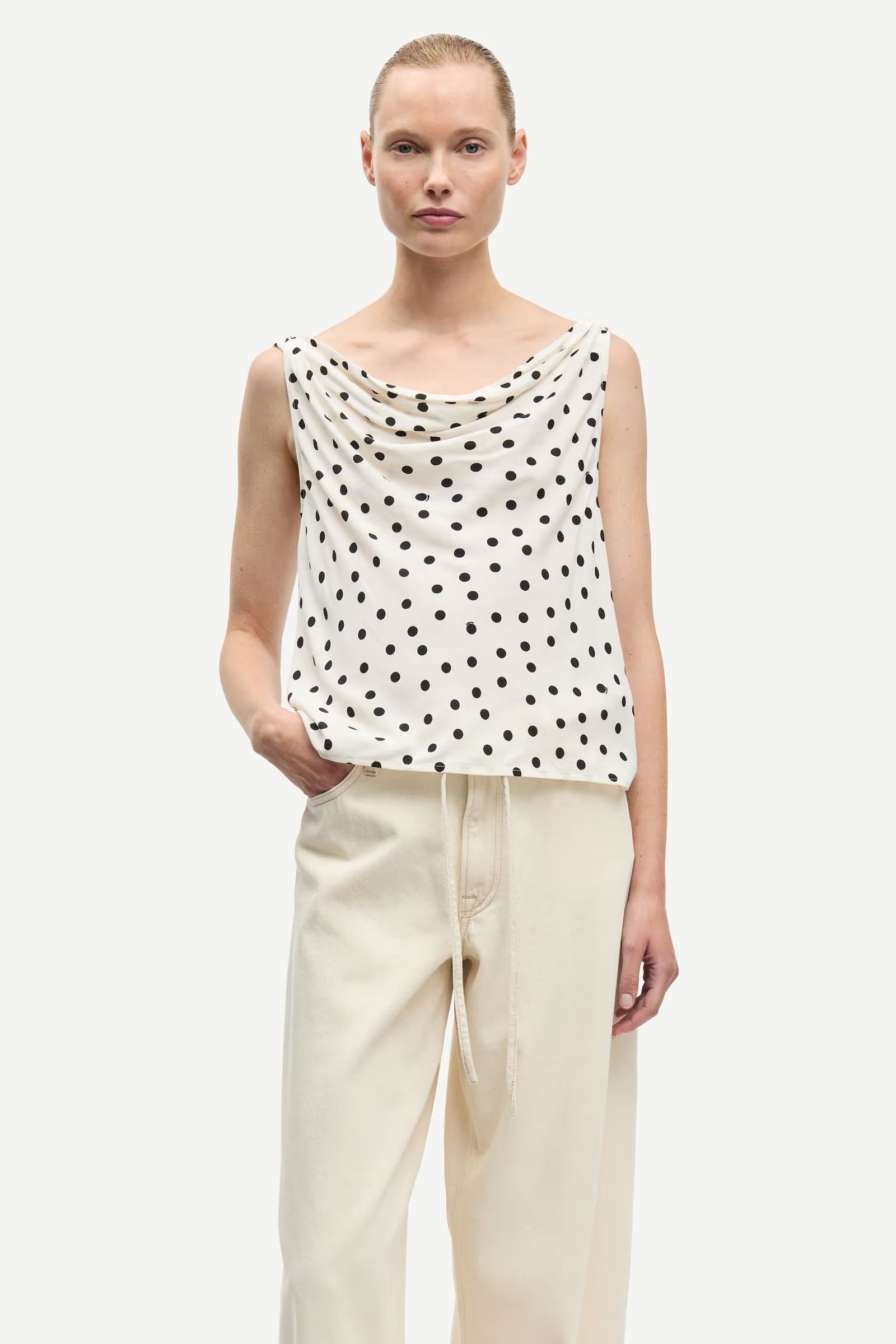 Samsøe Samsøe Sapoppy sleeveless cowl neck top in Egret cream with black Drifting Dots print.