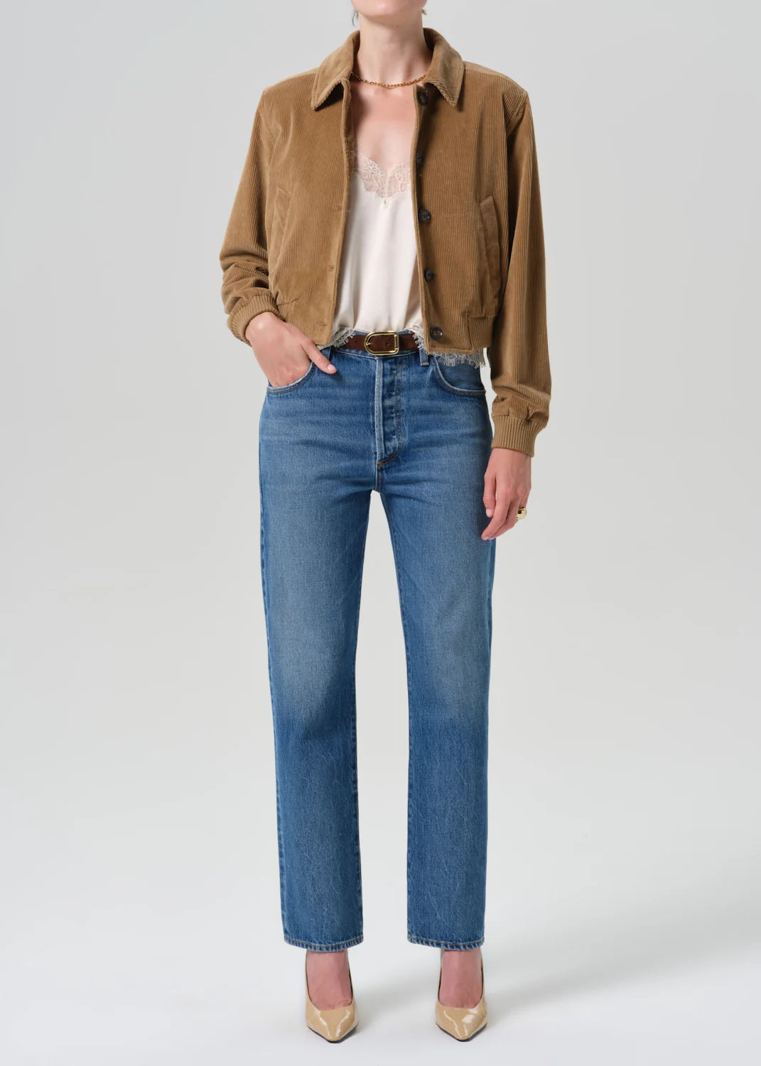 Citizens of Humanity 90's French High Rise Straight jeans in Pastis medium blue wash with a flattering high waist and straight leg.