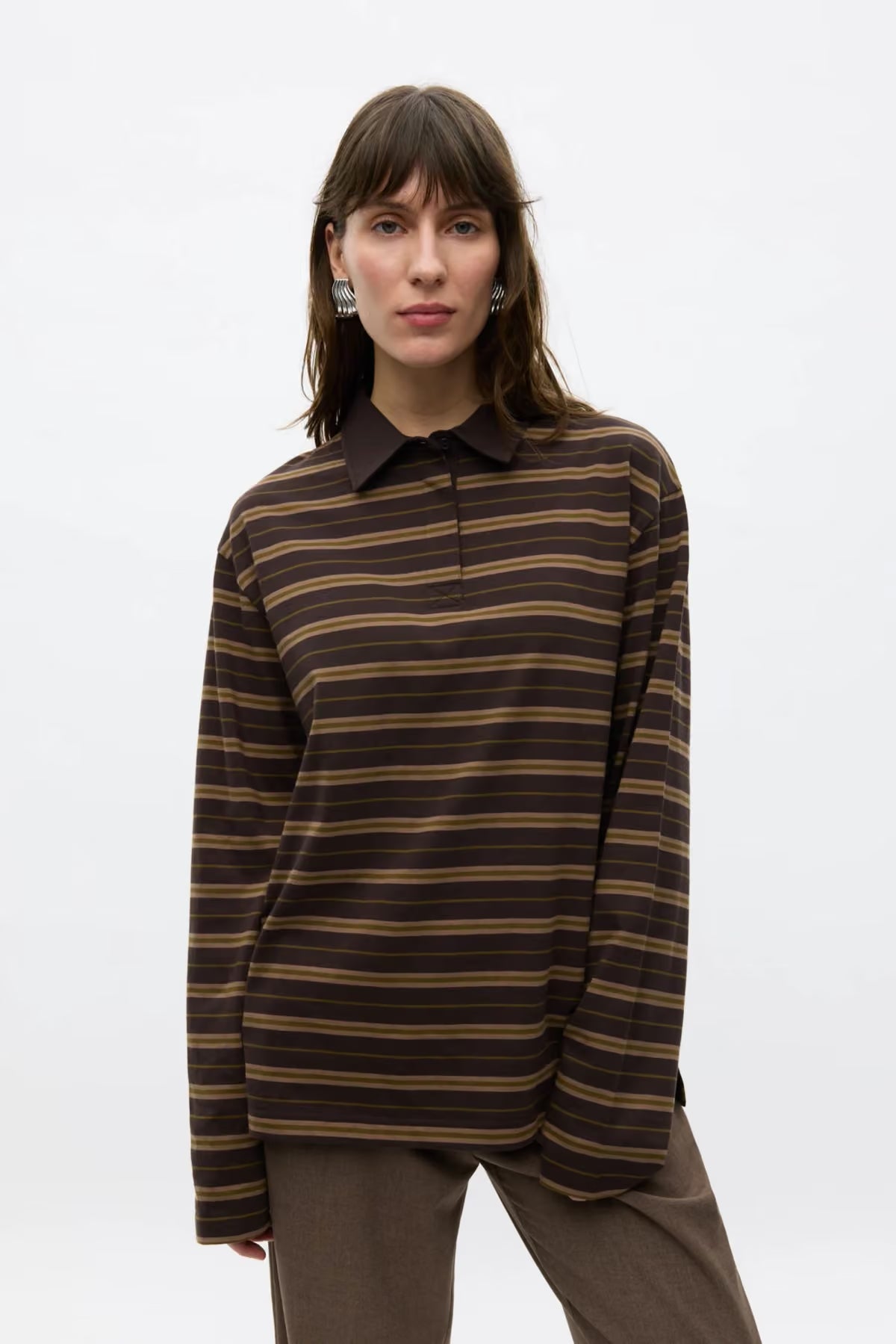 Envii Enkulla olive and warm torte striped cotton long sleeve polo shirt.