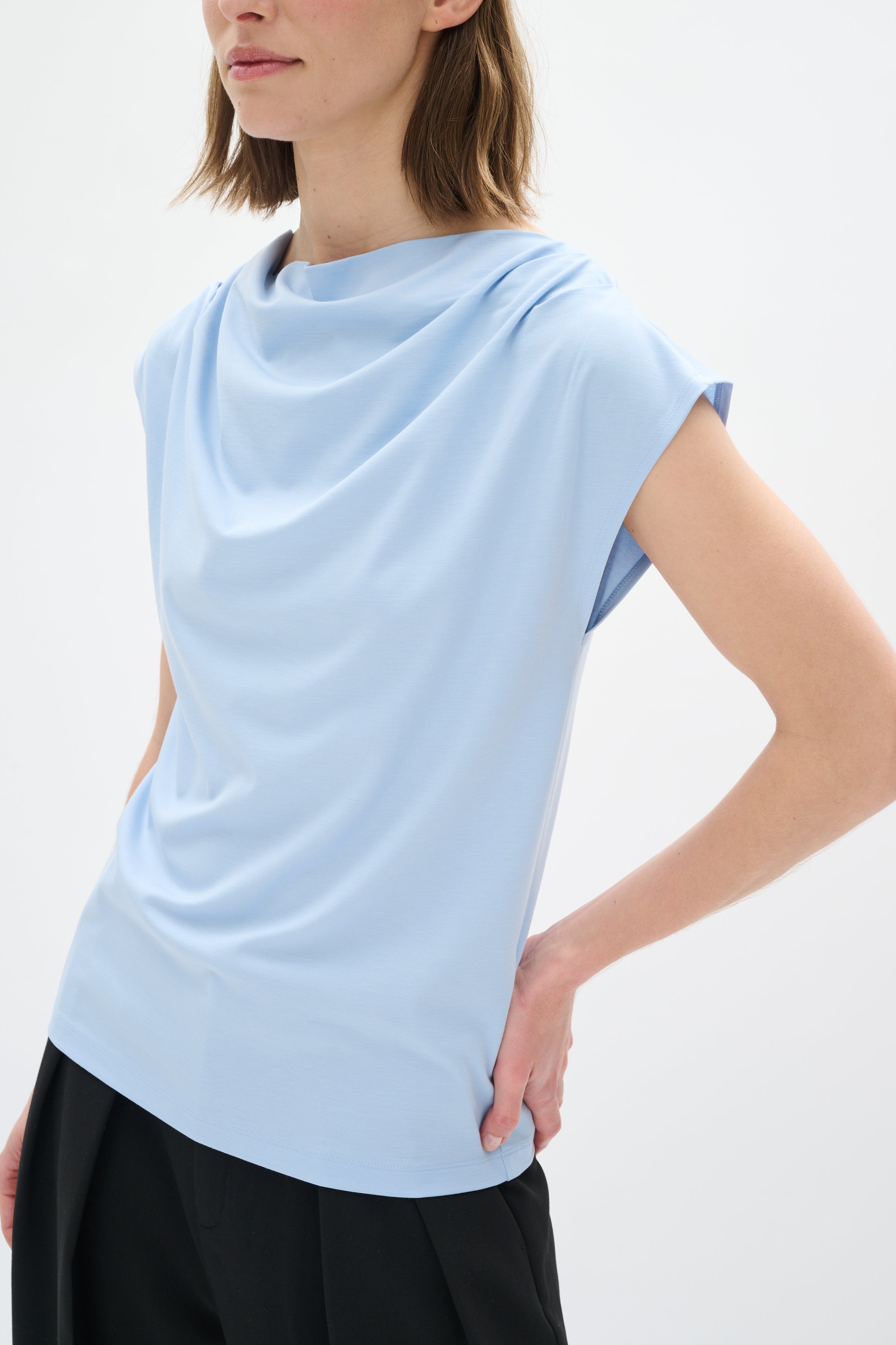 InWear draped cowl neck short sleeve top in light blue front view