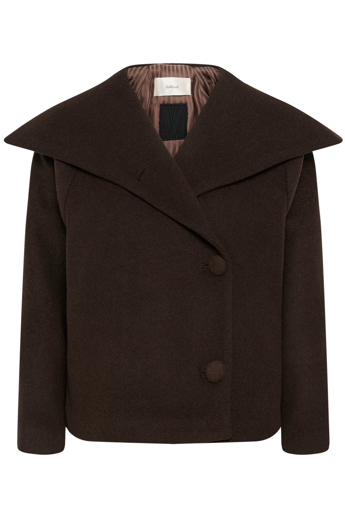 InWear PerryIW tailored hip-length short coat in rich Chocolate Brown wool blend with front button closure.