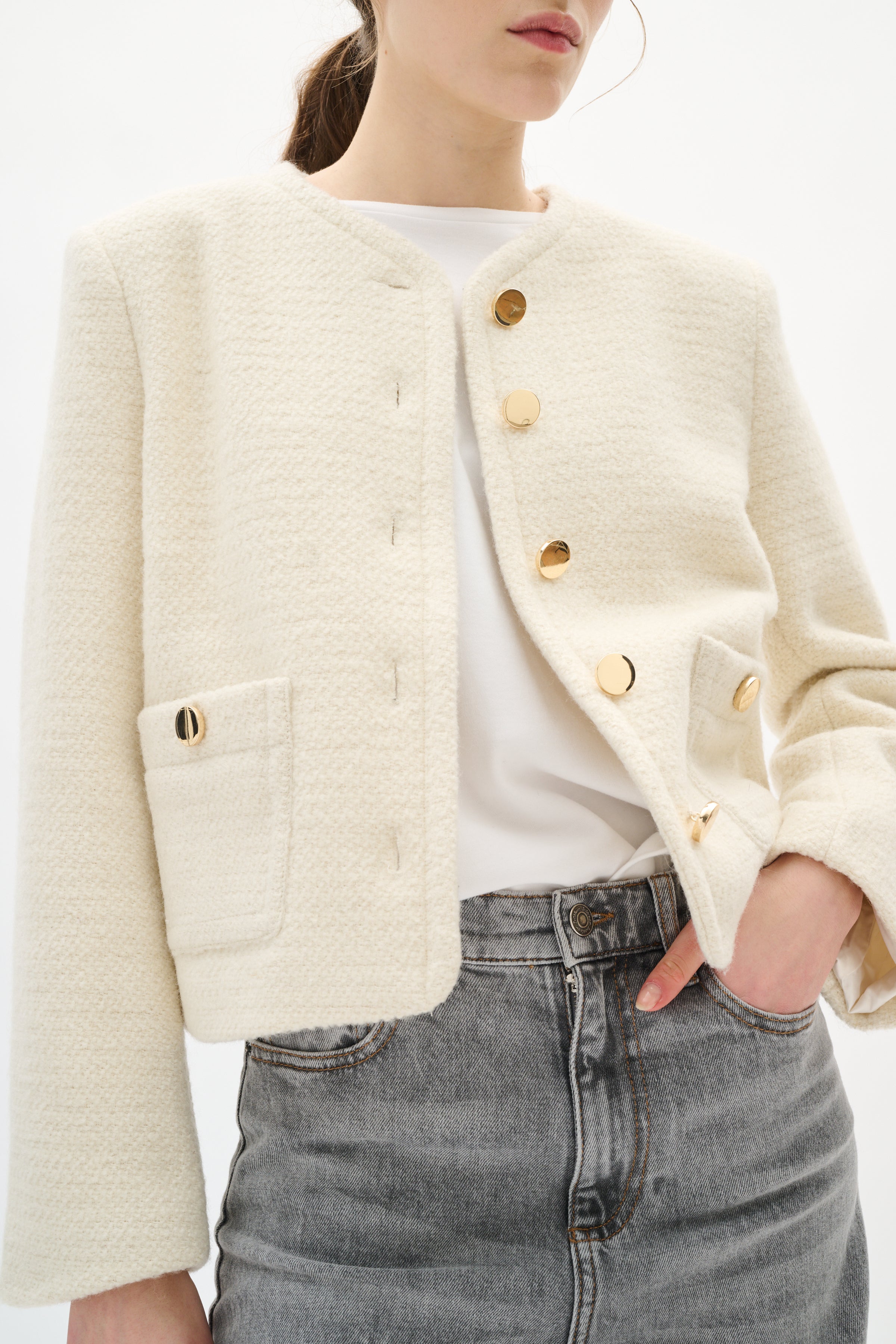 cream blazer jacket with gold detailing