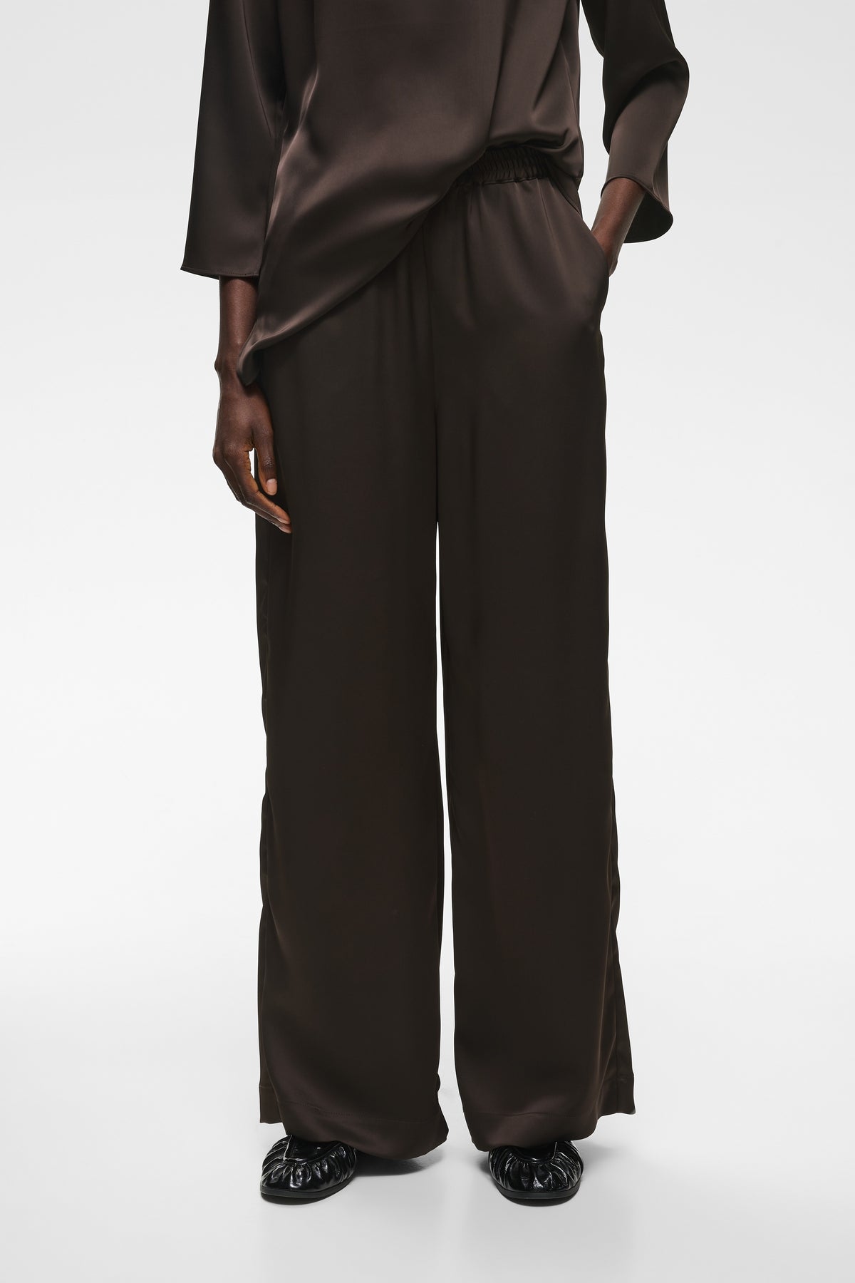 InWear Olive chocolate brown satin wide-leg trousers.