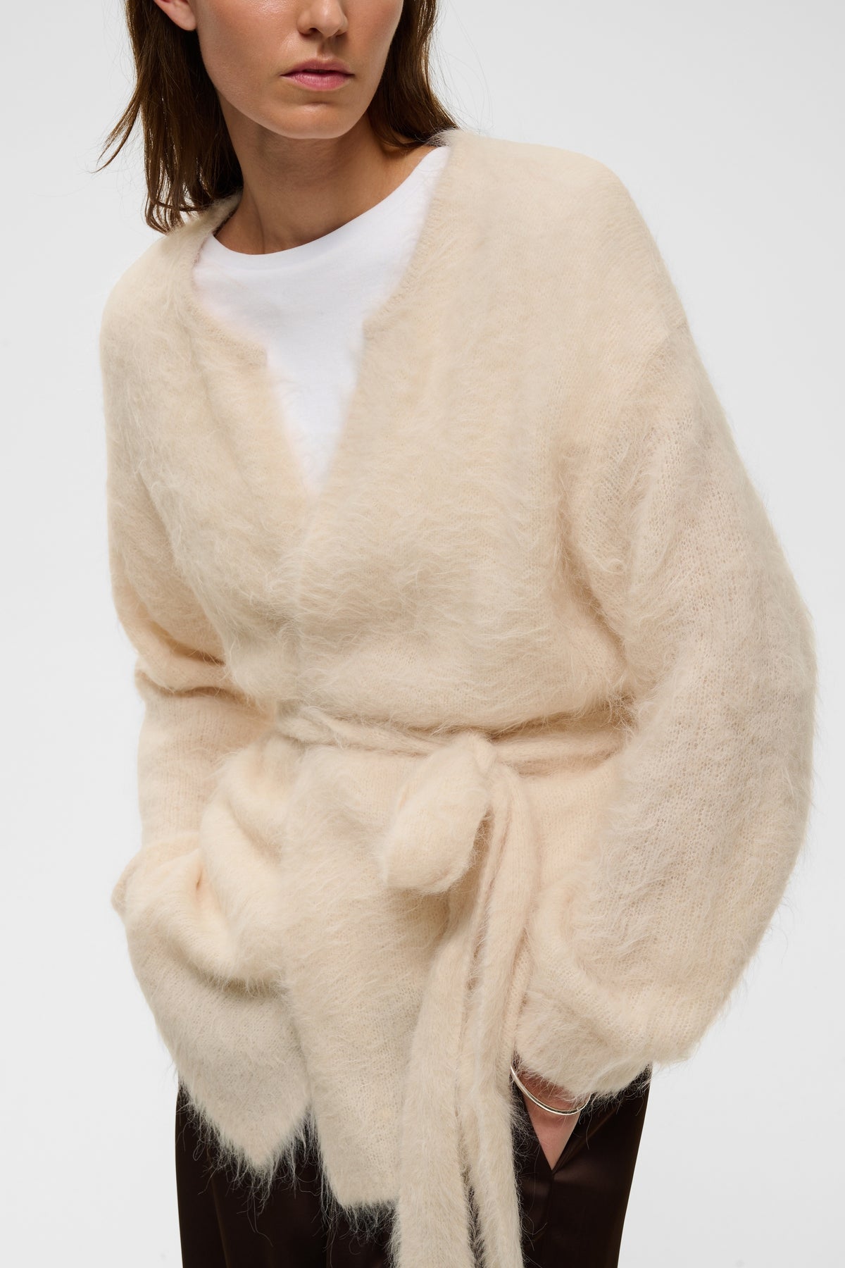 InWear Pello haze cream brushed mohair belted wrap cardigan sweater.
