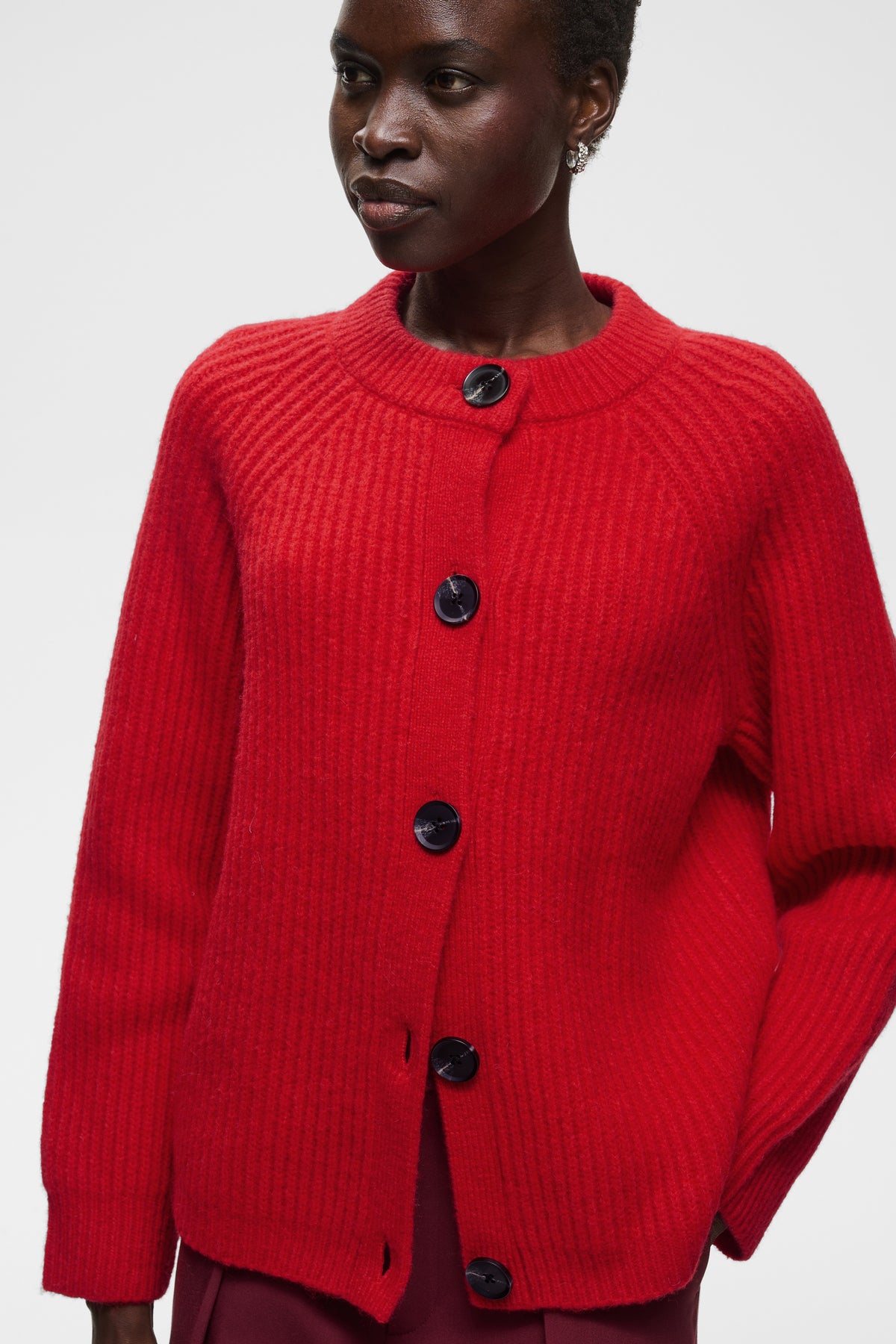 InWear Priska hot lips red ribbed knit button-front cardigan sweater.