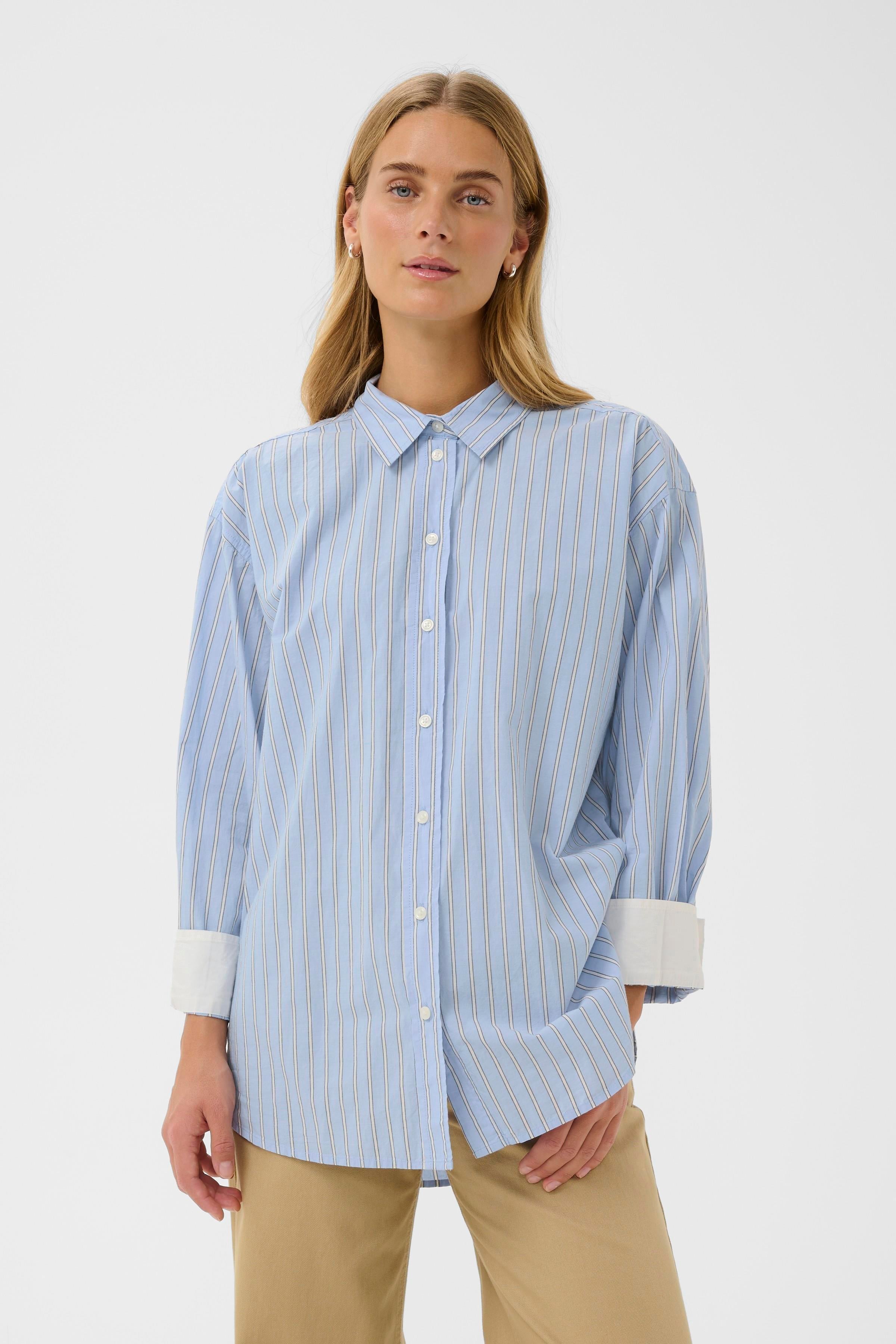 Part Two Savanna Shirt in Hydrangea blue and white stripe organic cotton