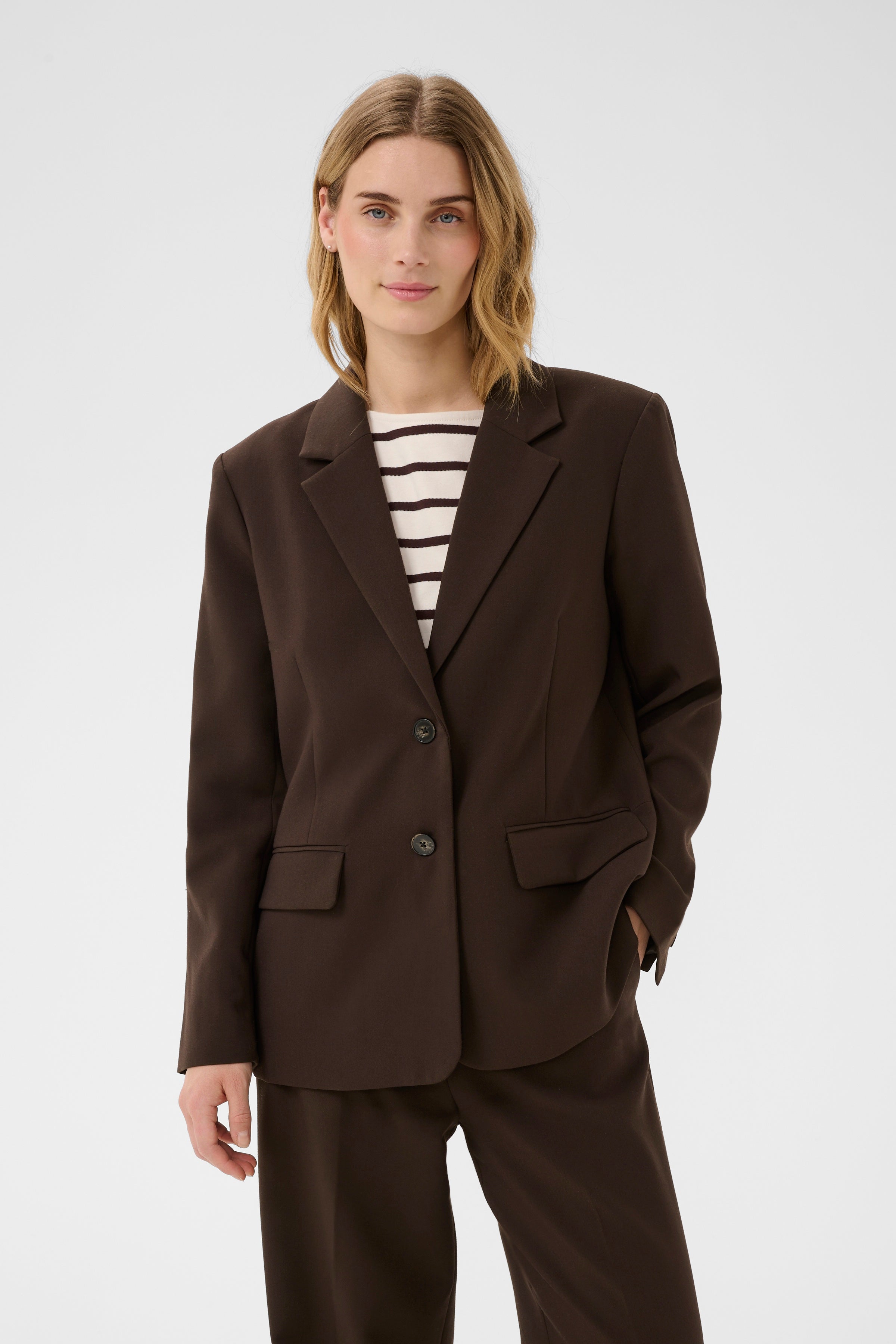 Part Two NaraPW single-breasted tailored blazer jacket in mole brown with notch lapels and front flap pockets.
