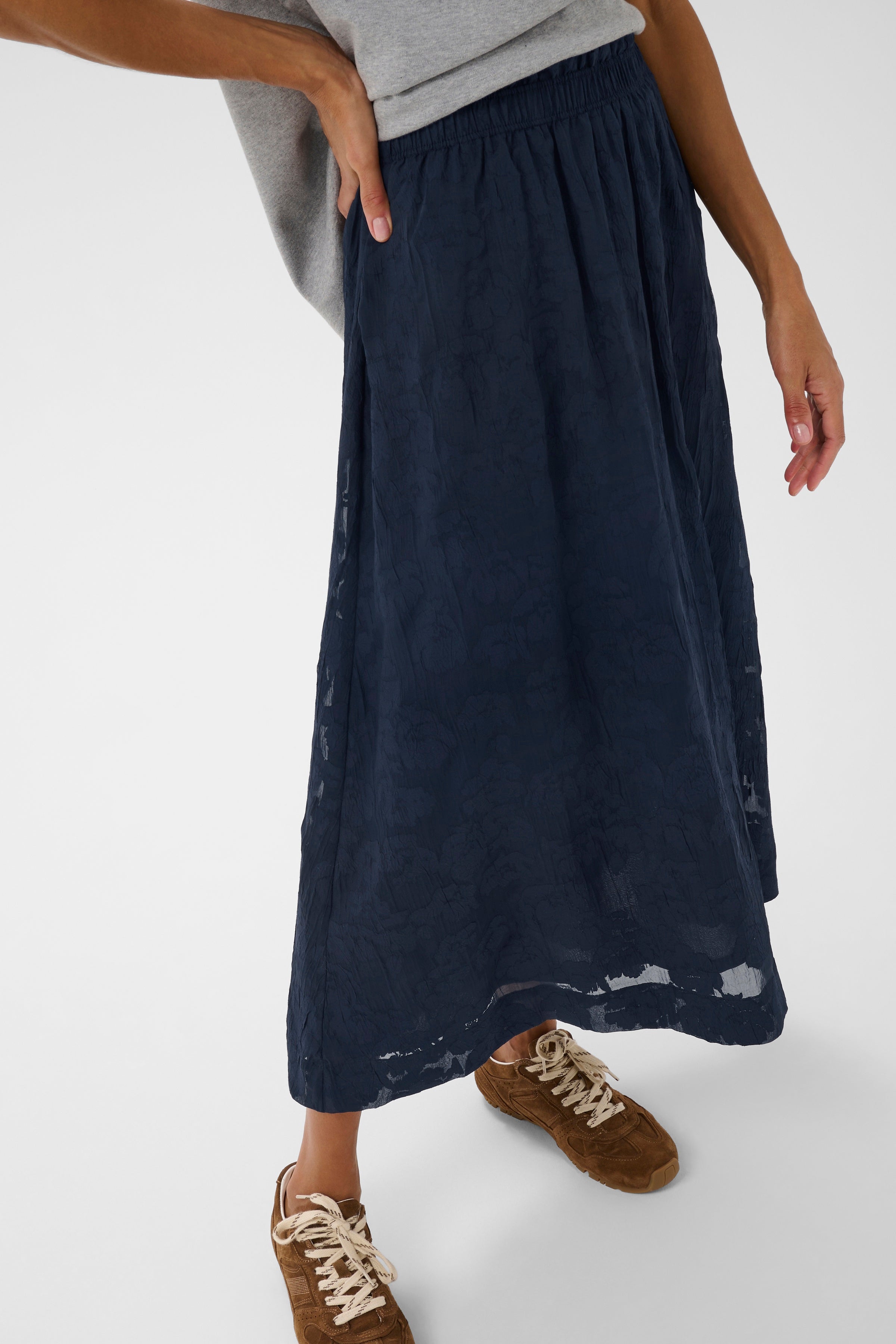 Part Two Zoya Lace Skirt in Dark Blue floral texture midi silhouette