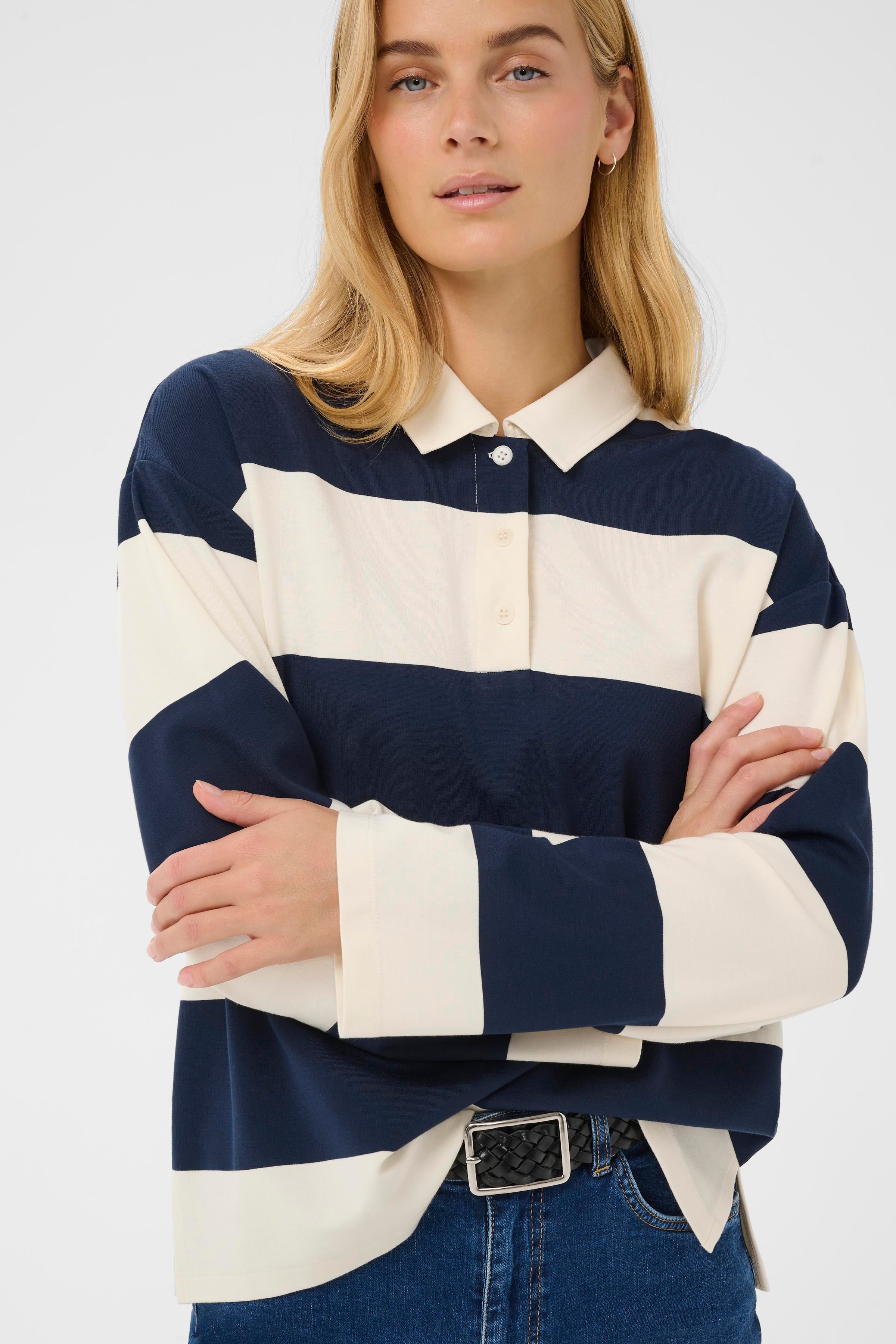 Part Two AmariPW Long Sleeve Polo - Navy Stripe | EcoVero Knit