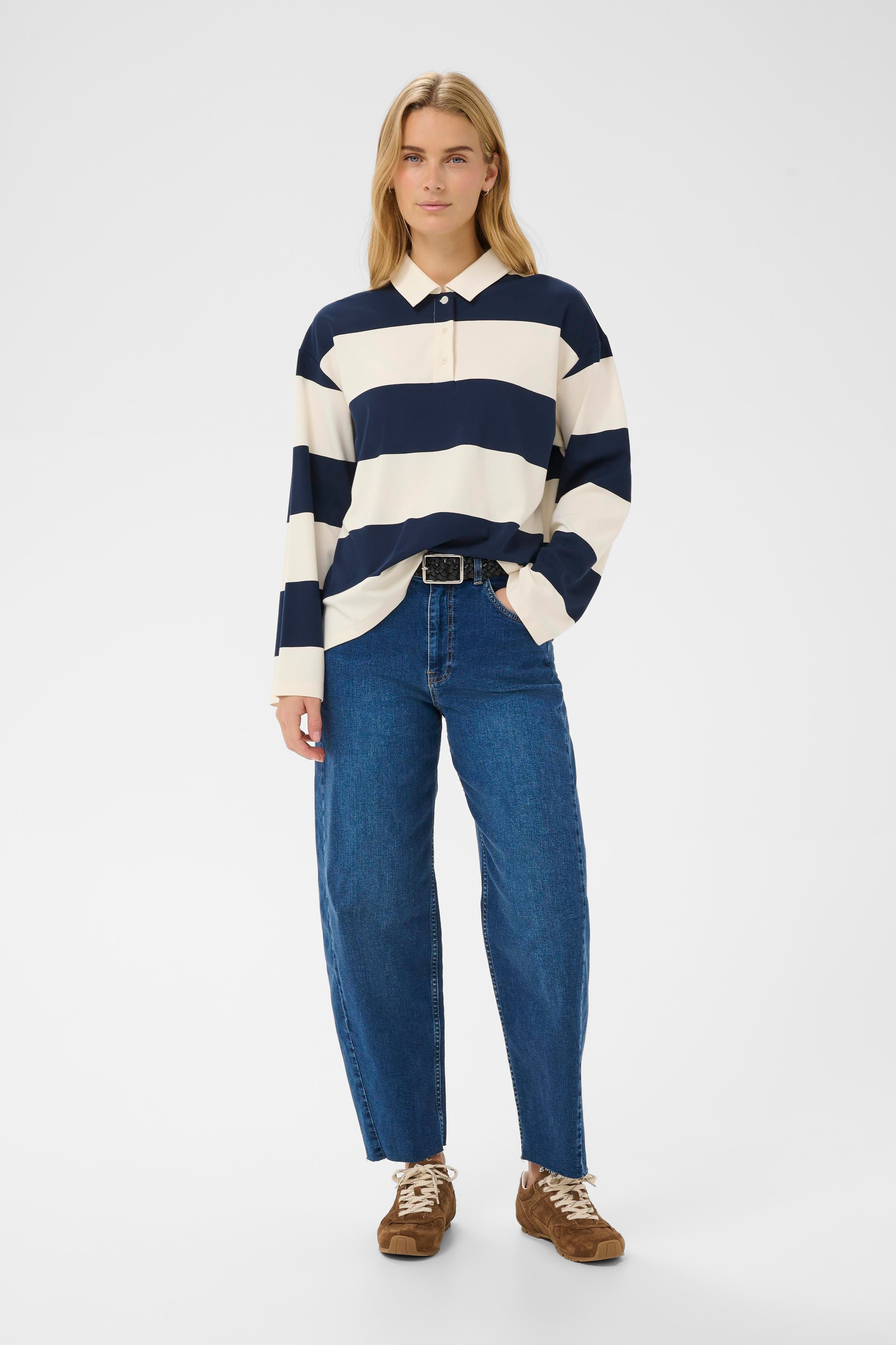 Part Two AmariPW Long Sleeve Polo - Navy Stripe | EcoVero Knit