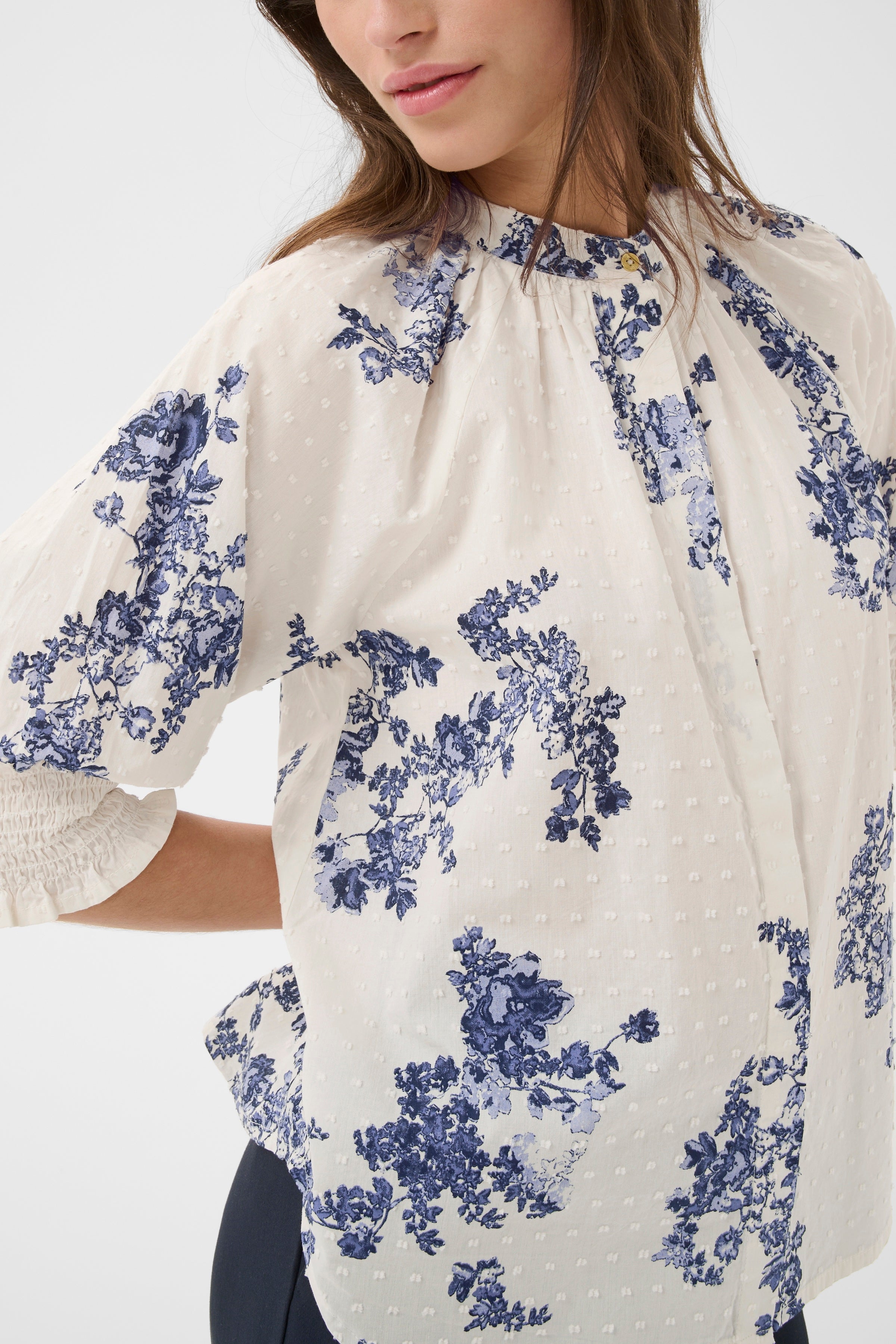 Part Two AlmerasPW shirt in blue shadow flower print cotton with stand collar and 3/4 sleeves.