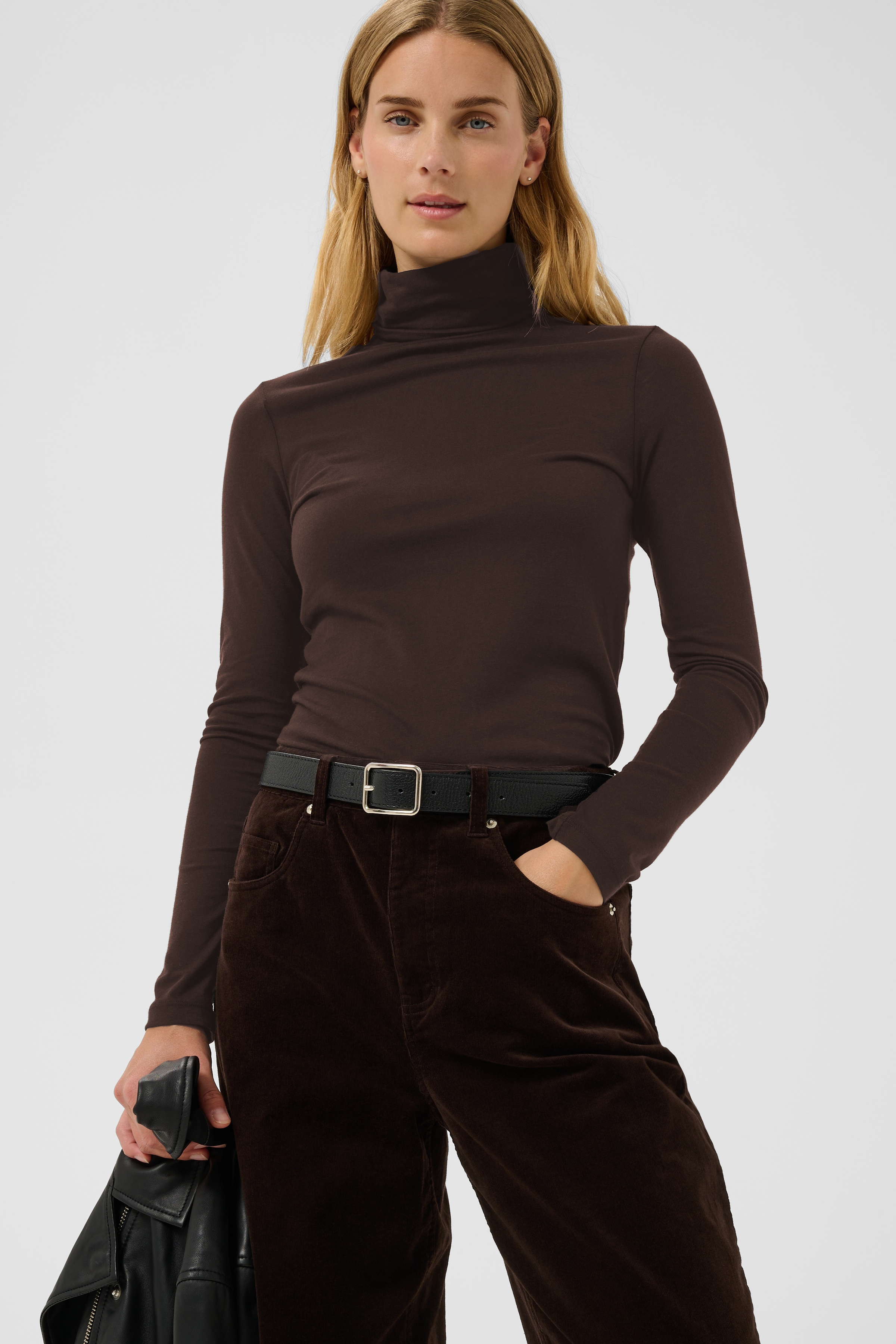 Part Two ChatallPW long-sleeve turtleneck t-shirt in mole melange soft stretch cotton jersey.