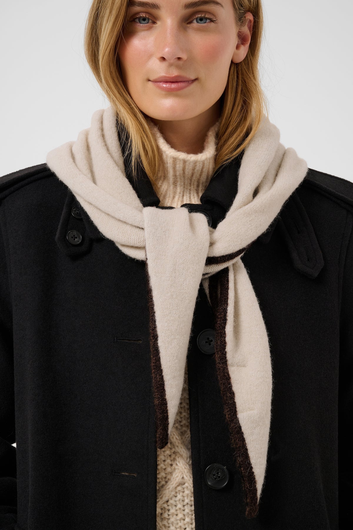 Part Two Cimaya wool-blend soft knitted scarf with fringe trim in French Oak taupe brown.