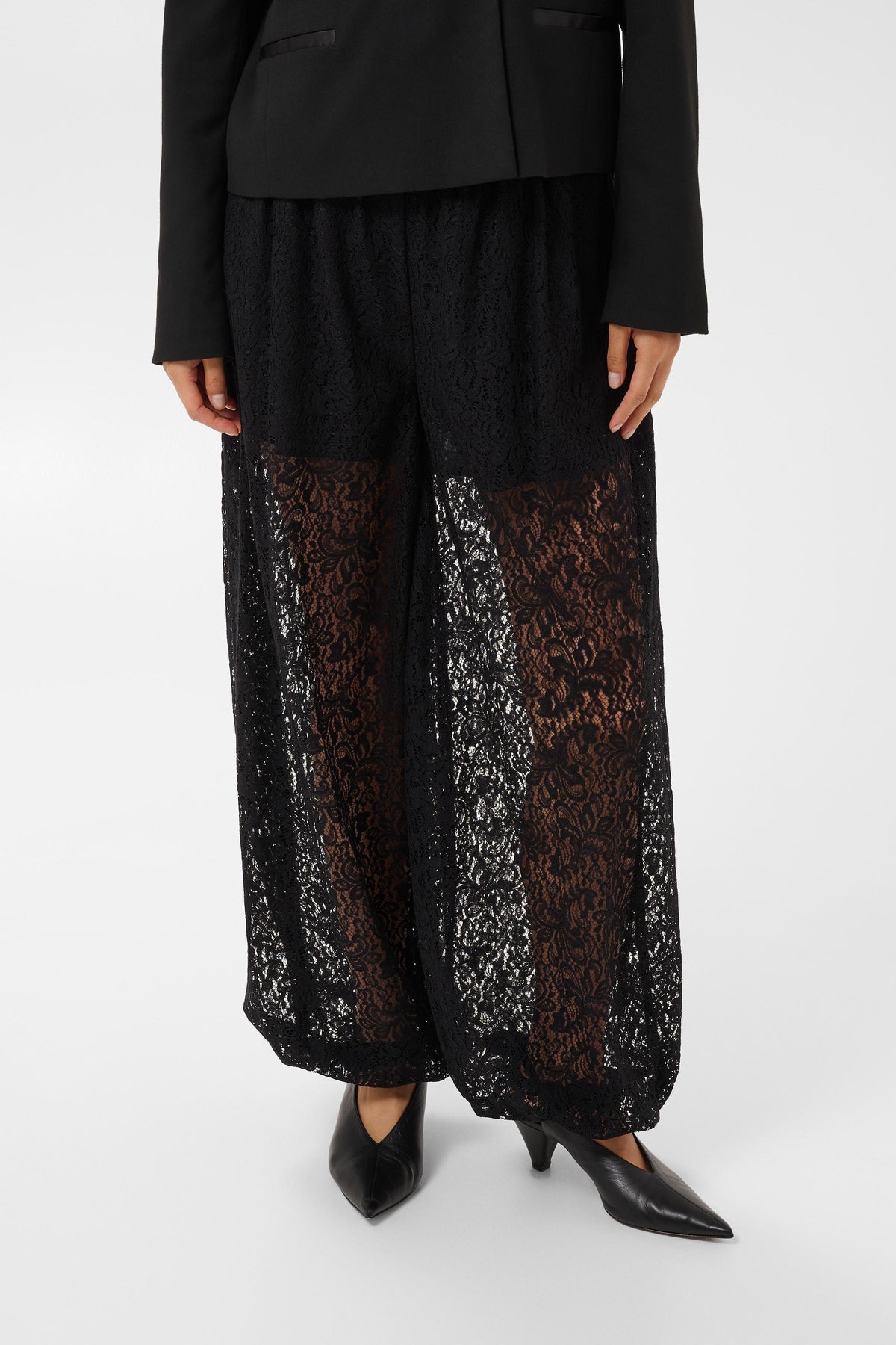 Part Two Dechen black sheer floral lace wide-leg trousers with lining.