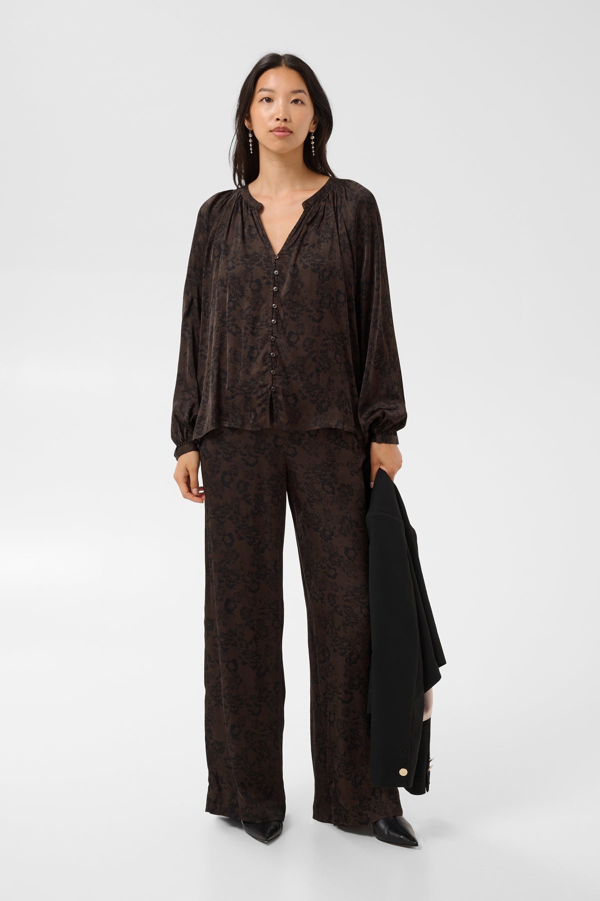 Part Two Delal brown gradient floral satin wide-leg trousers.