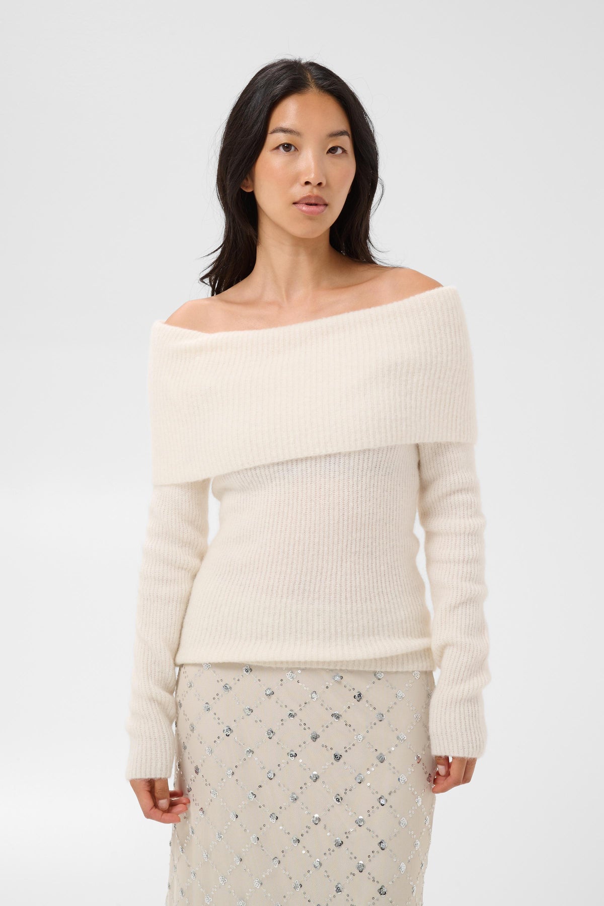 Part Two Doret eggnog cream off-the-shoulder ribbed knit pullover sweater.