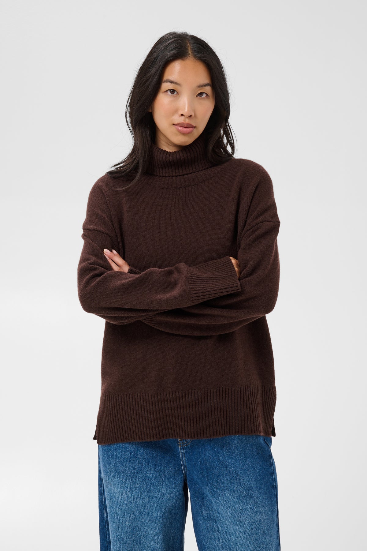 Part Two Corine mole brown knit turtleneck sweater with side slits.