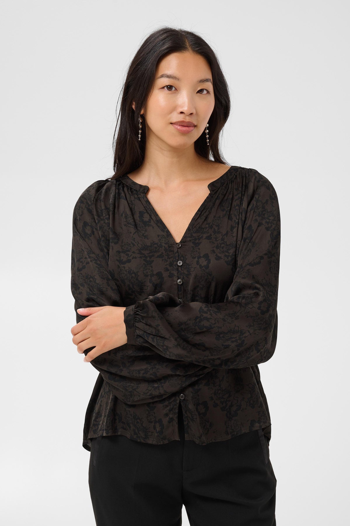 Part Two Doaa brown gradient floral satin long sleeve blouse with tie neckline.