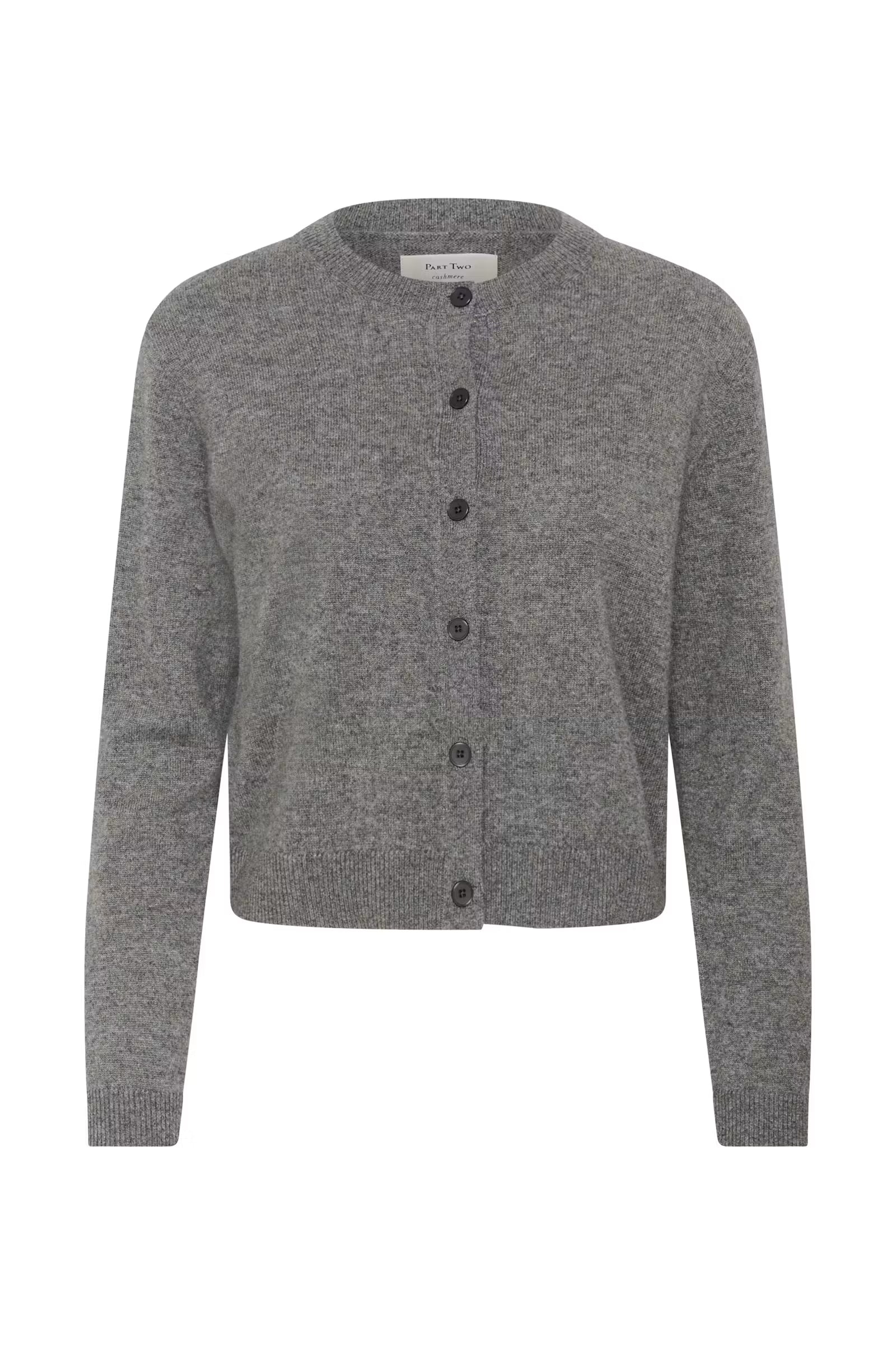 Part Two EverPW button-front crewneck cashmere cardigan sweater in medium grey melange knit.