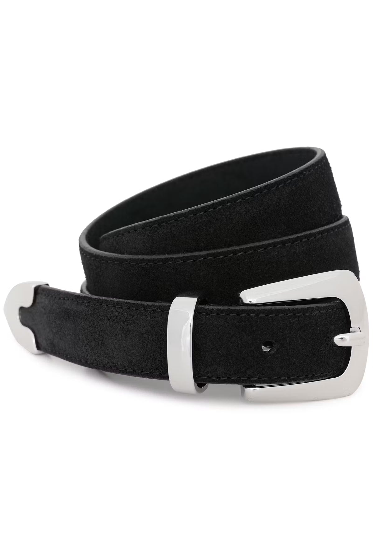 Gestuz GZFilua black leather waist belt featuring a sculptural silver-tone metal buckle.