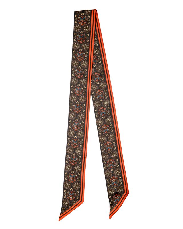Palm Palm The Daisy long skinny silk twillie scarf in black and rust featuring ornate floral medallion prints.