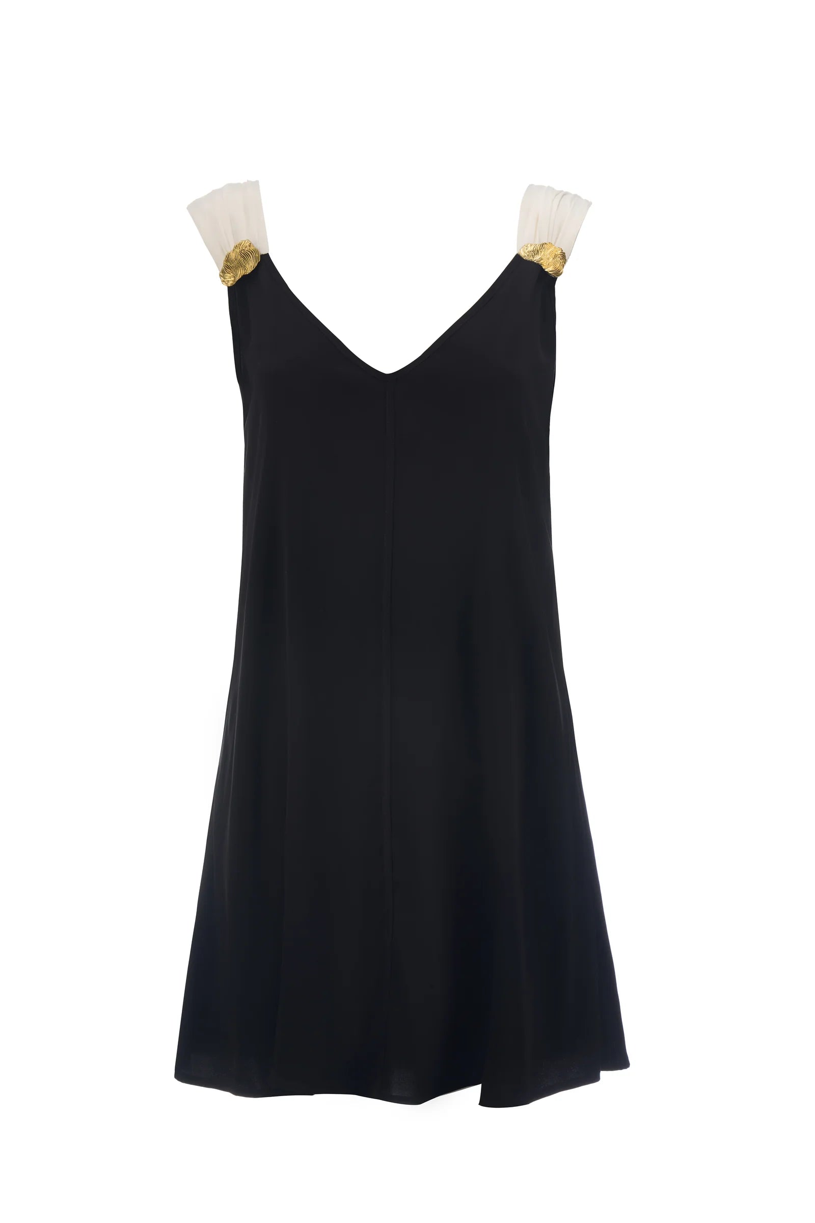The Fia mini dress in Onyx black with ruched straps and gold brooch details