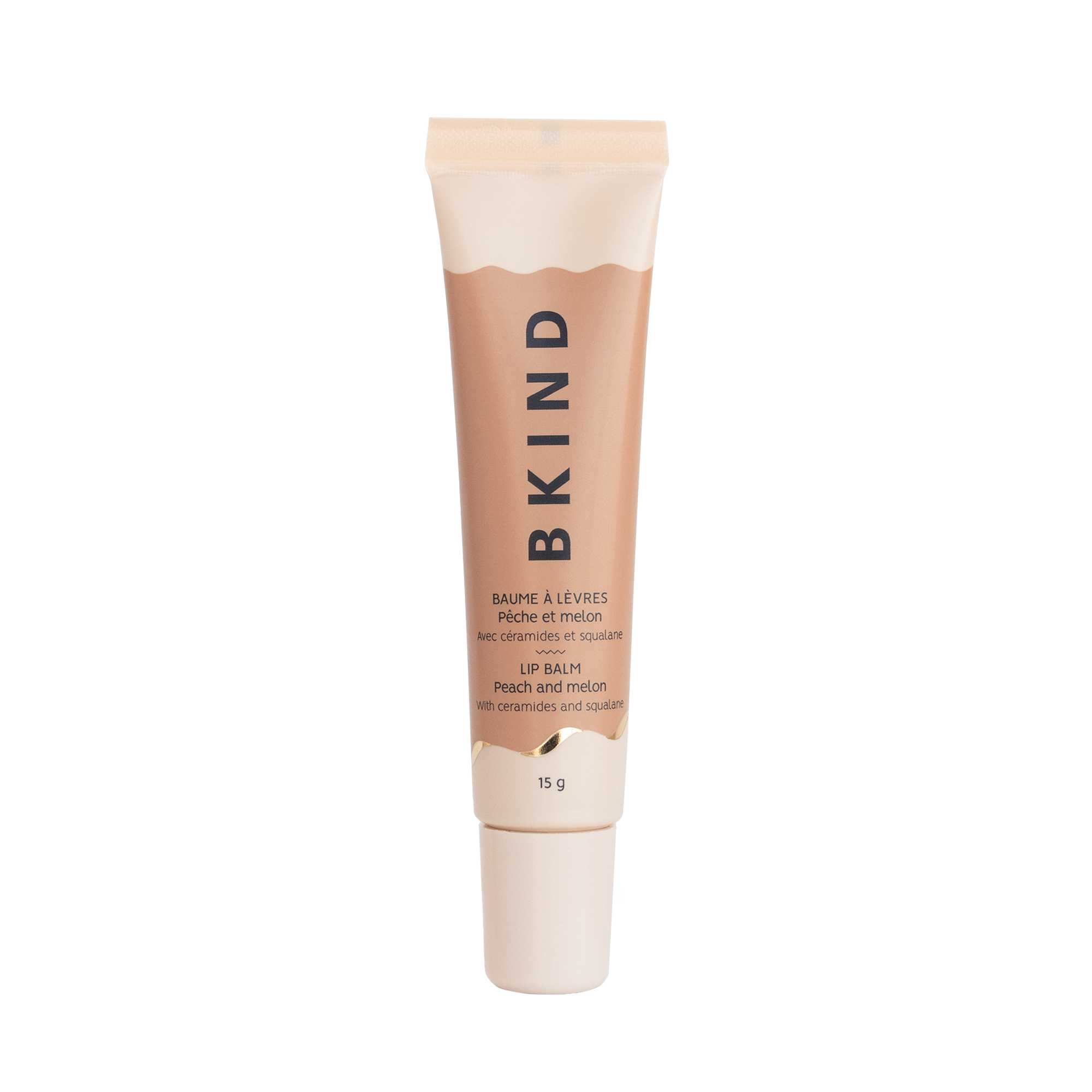 BKIND Nourishing Ceramide Lip Balm tube in Peach and Melon scent
