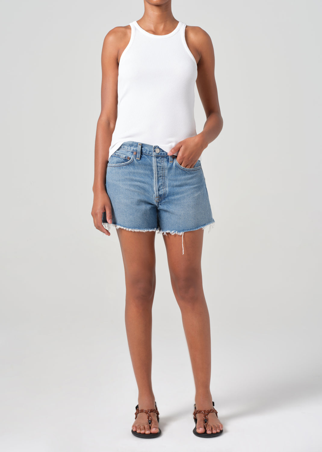 Vintage medium indigo denim short with subtle distressing