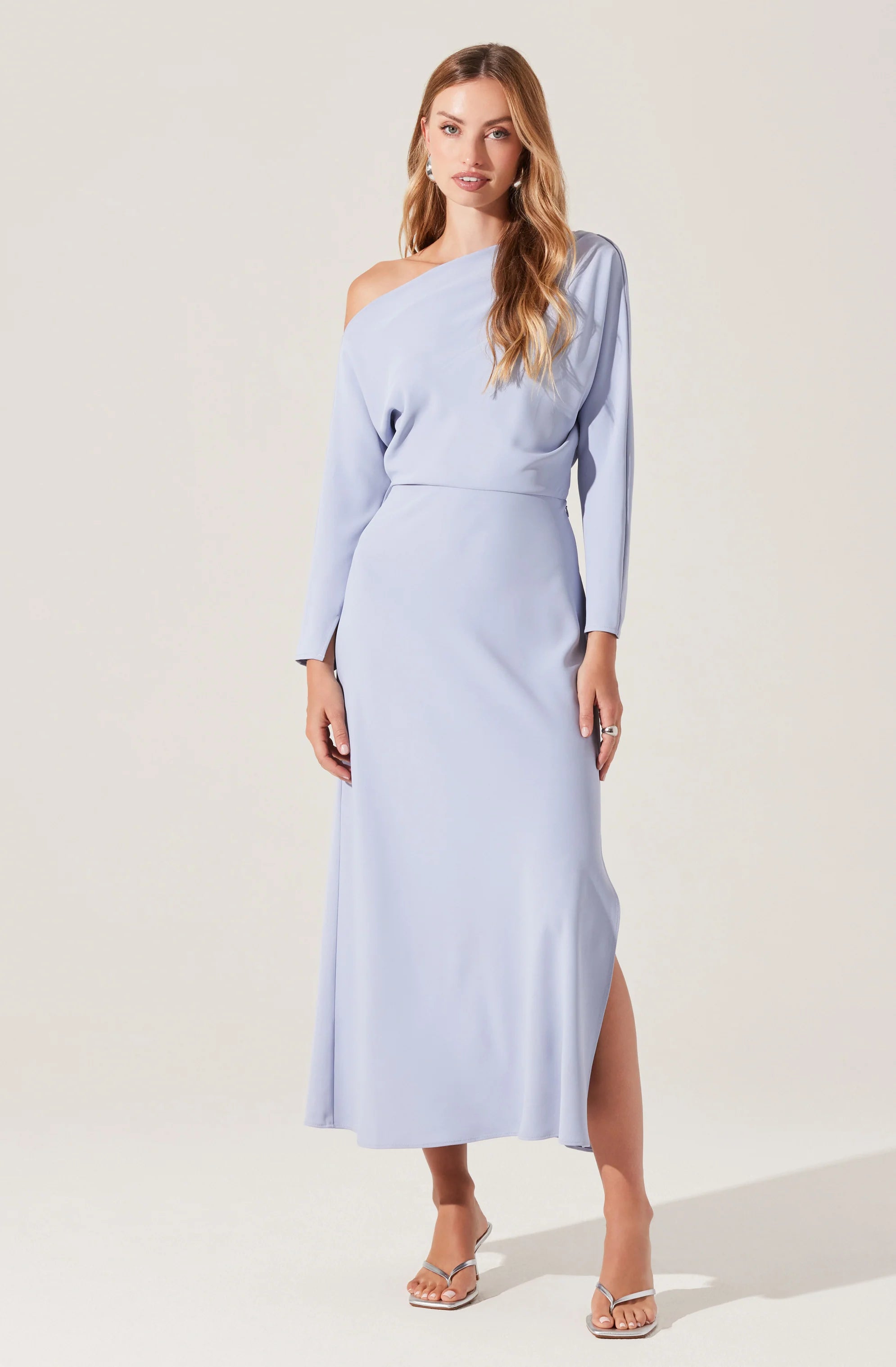Long off the shoulder blue dress