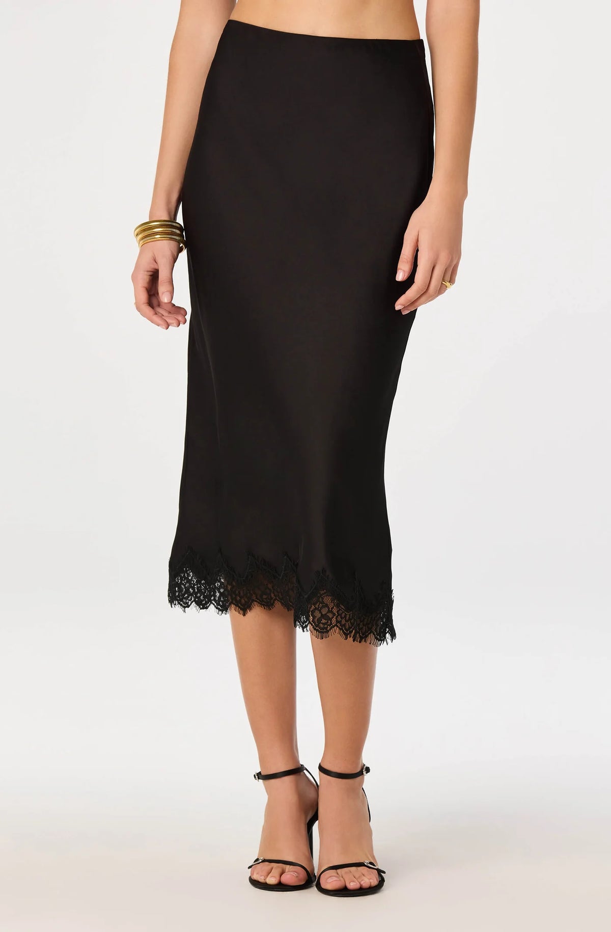 Blossom Satin Lace-Trim Midi Skirt - Black