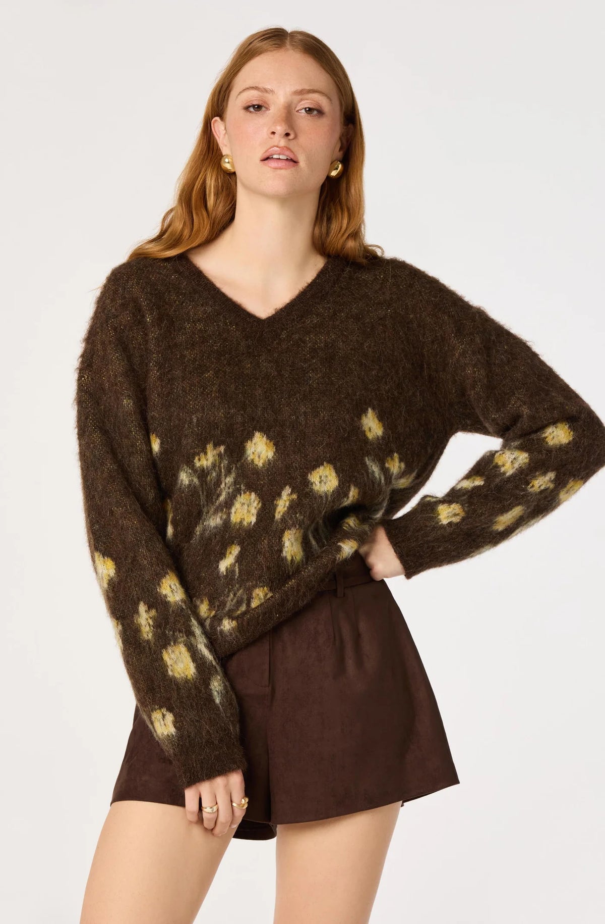 ASTR the Label Bowie multi-color jacquard pattern crewneck knit sweater.