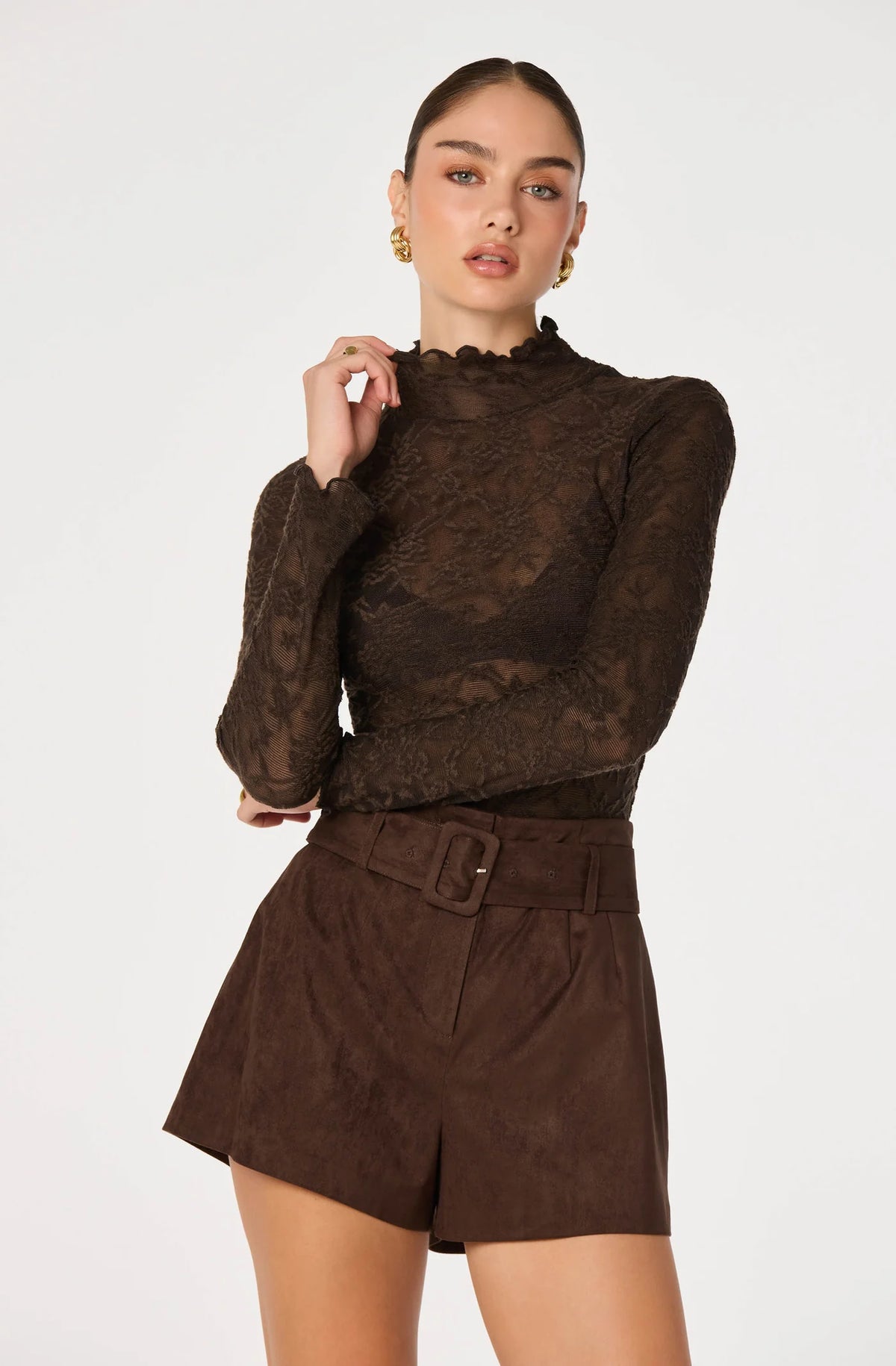 Kyra Sheer Mesh Mock Neck - Truffle