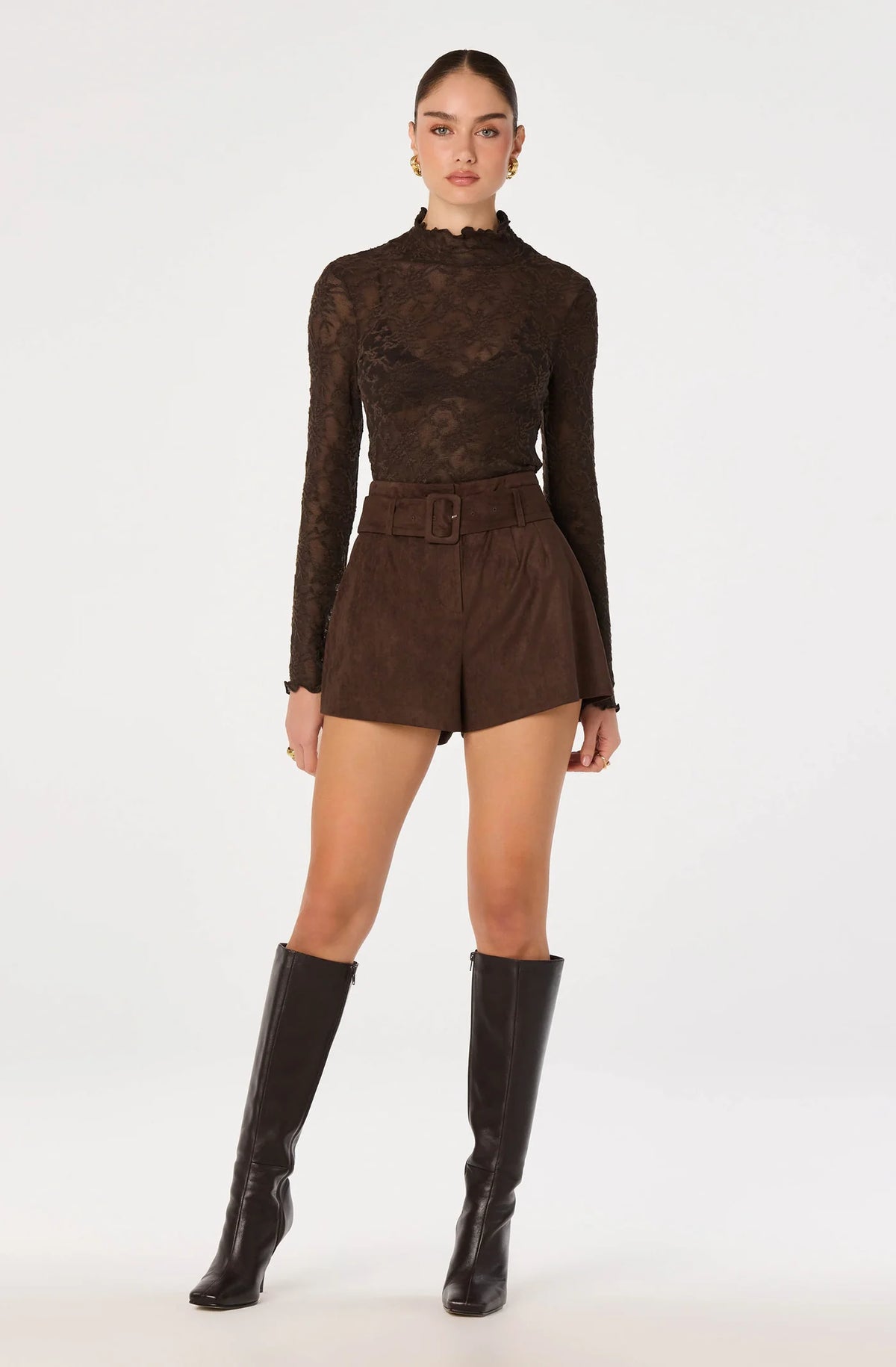 Kyra Sheer Mesh Mock Neck - Truffle