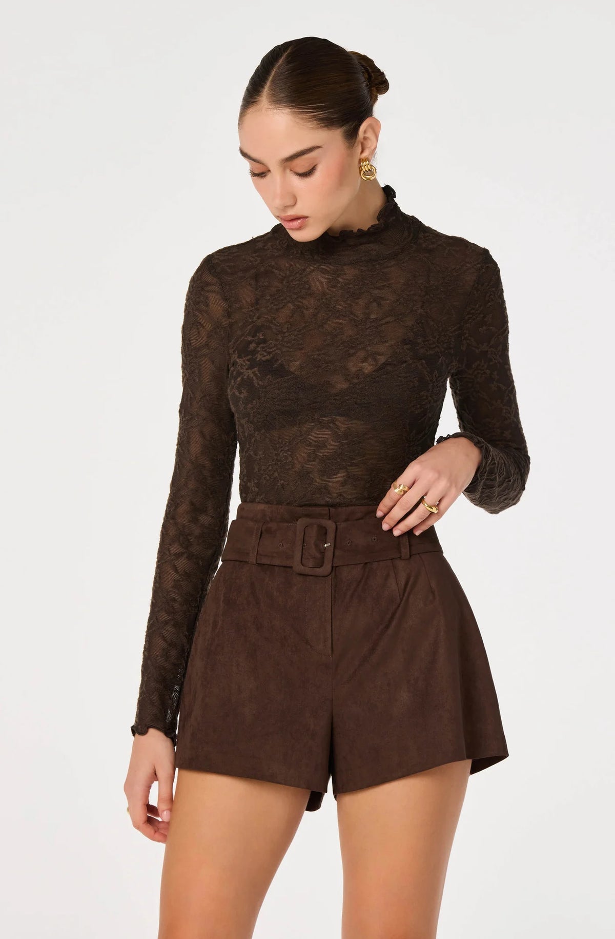 Kyra Sheer Mesh Mock Neck - Truffle