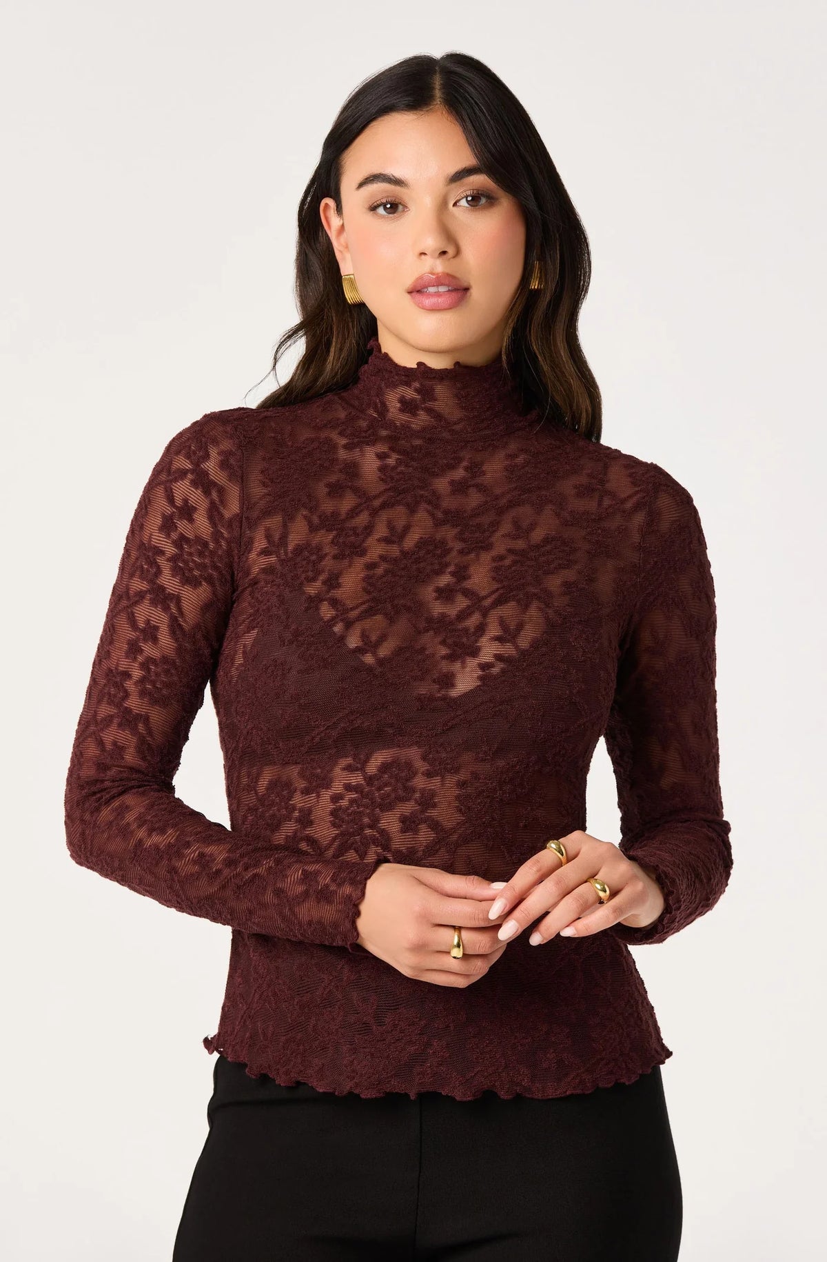 ASTR the Label Kyra wine off-the-shoulder top with flared long sleeves.