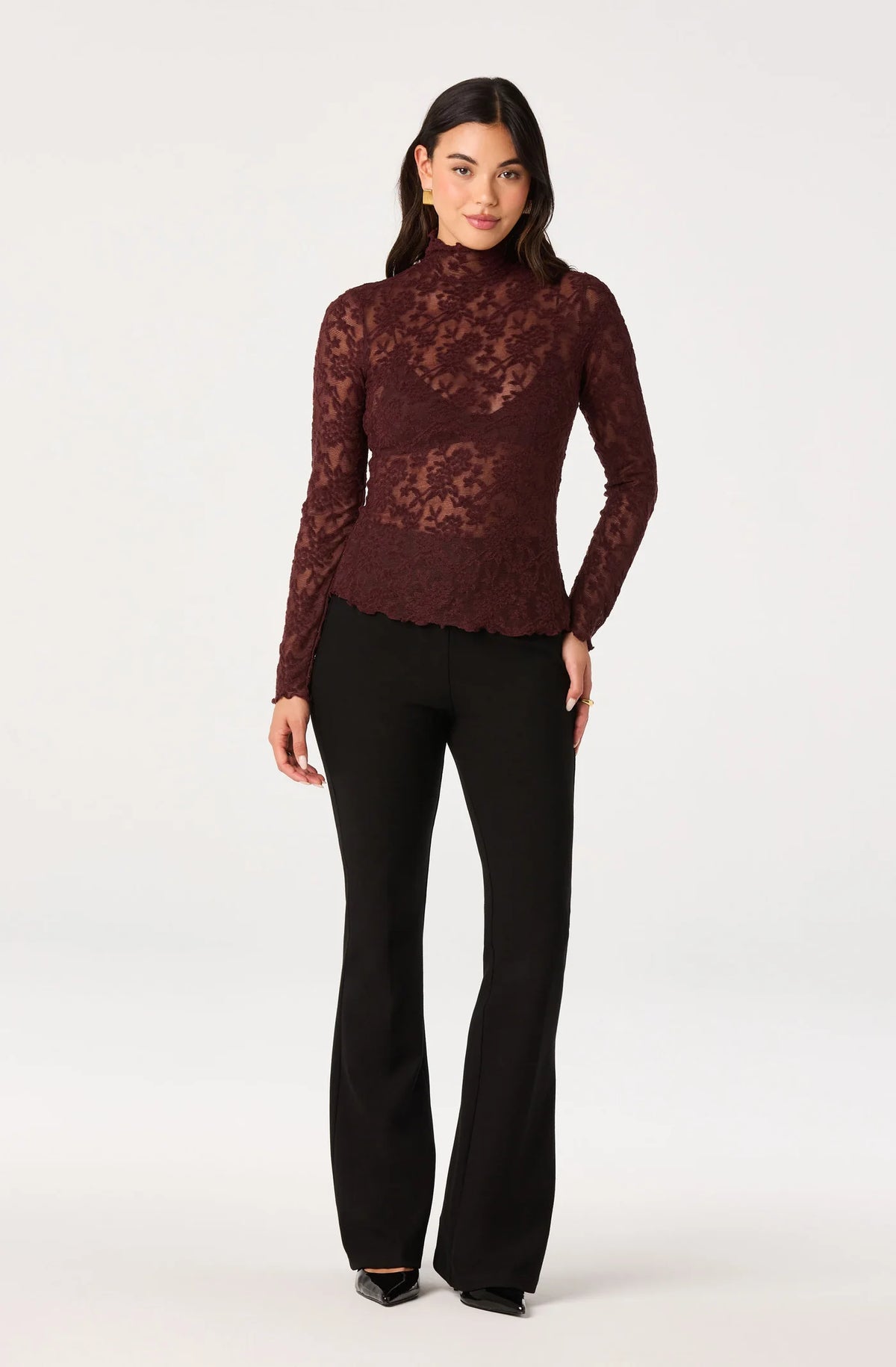 Kyra Sheer Mesh Mock Neck - Wine