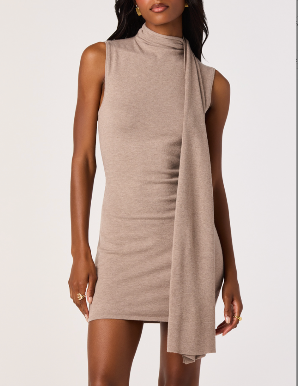 ASTR the Label Annie truffle taupe sleeveless high neck sweater mini dress with attached scarf.