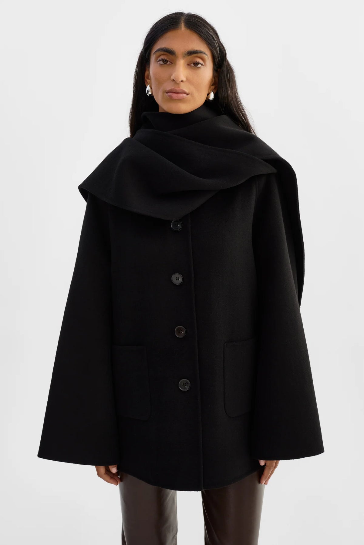 LAMARQUE Anca double-face wool jacket with attached matching draped scarf.