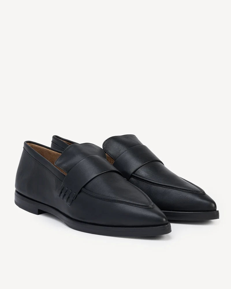 Poppy Barley The Brio classic black full-grain leather penny loafer with almond toe.