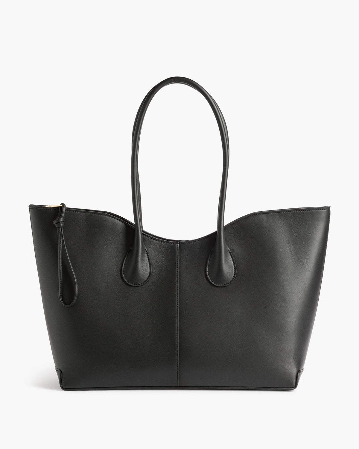 Flattered Gaia minimalist black leather tote bag featuring top zip closure and silver-tone hardware.