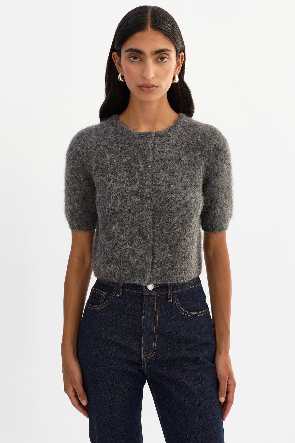 LAMARQUE Kendra cropped short sleeve alpaca blend cardigan sweater in ivory.