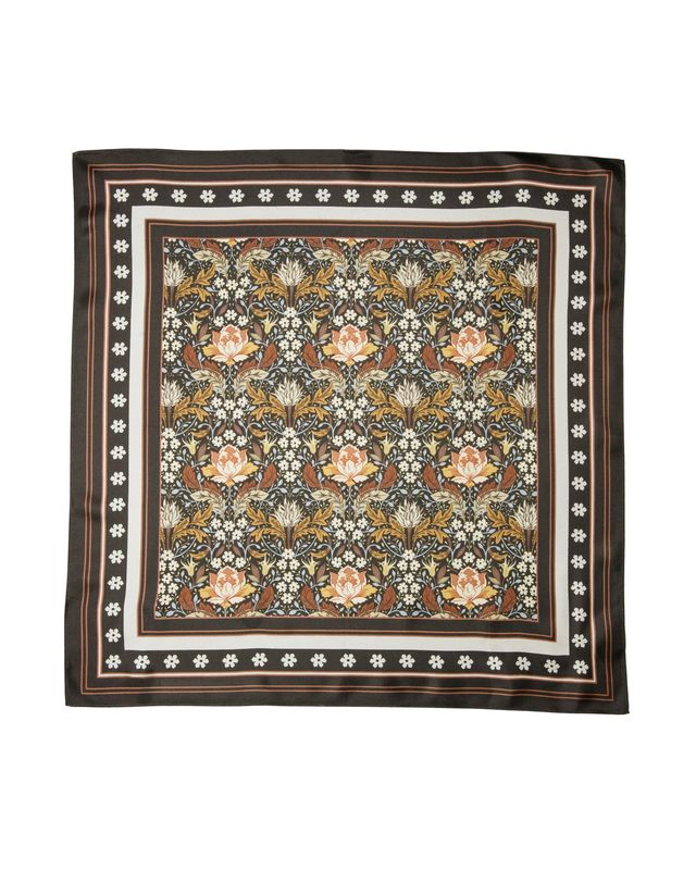 Palm Palm The Chloe square silk scarf in black with golden and terra cotta botanical motifs and a decorative star border.