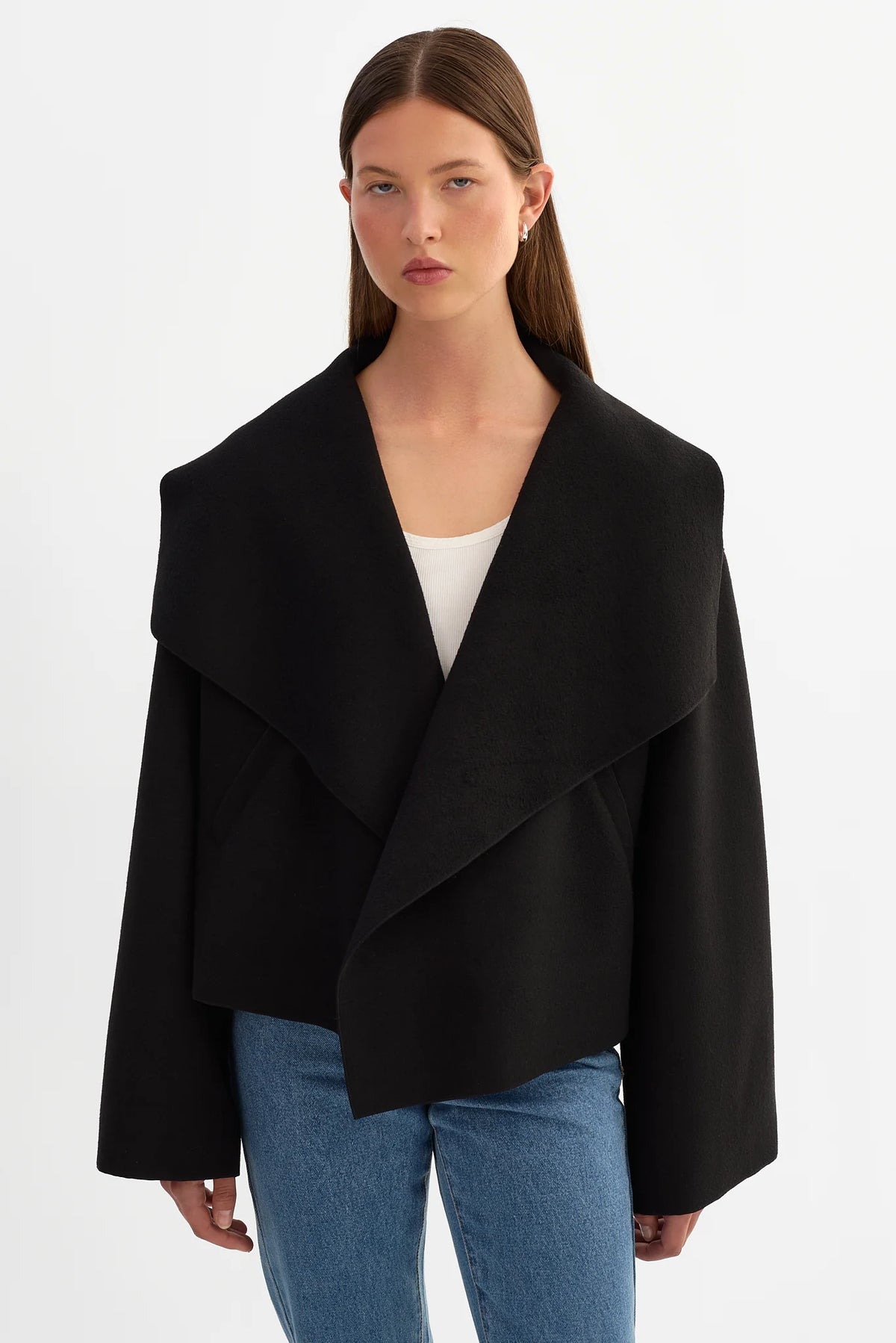 LAMARQUE Luisa cropped double-sided wool blend jacket with open cascade collar.