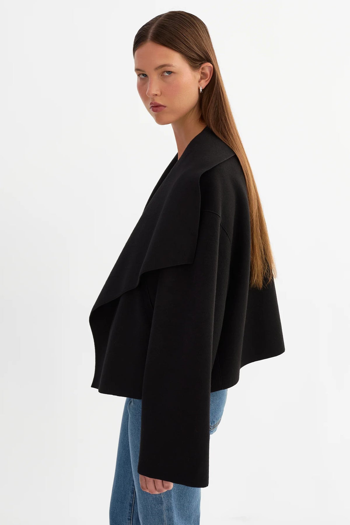 Luisa Cropped Cascade Collar Jacket - Black